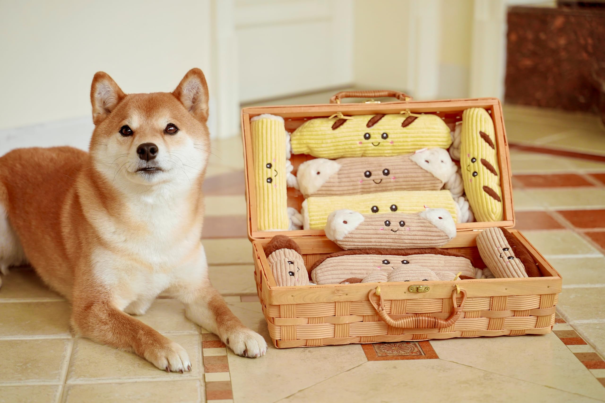 Puffy Crew Squeaky Dog Plush Toy, Bakery Bite_Stick Collection, 12'', For Various Sized Dogs (Eclair, Large)
