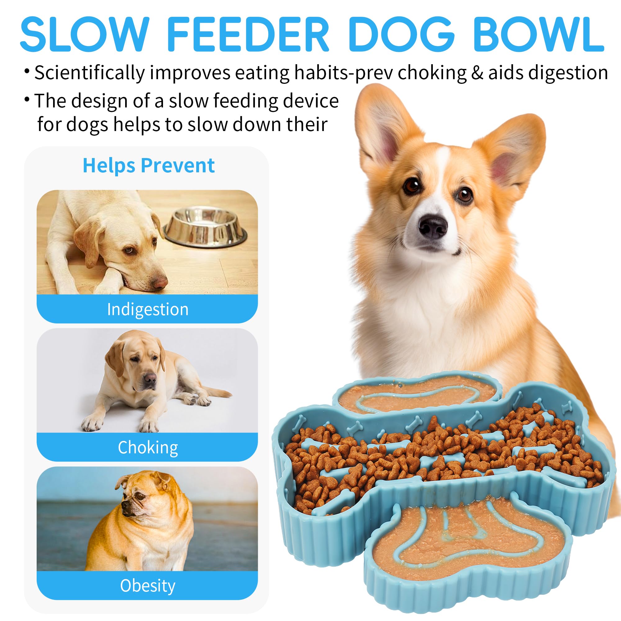 Slow Feeder Dog Bowls: Silicone Slow Eating Dog Food Bowl for Small Medium Large Breed - Puppy Puzzle Bowl Anti-Choking Stop Blo