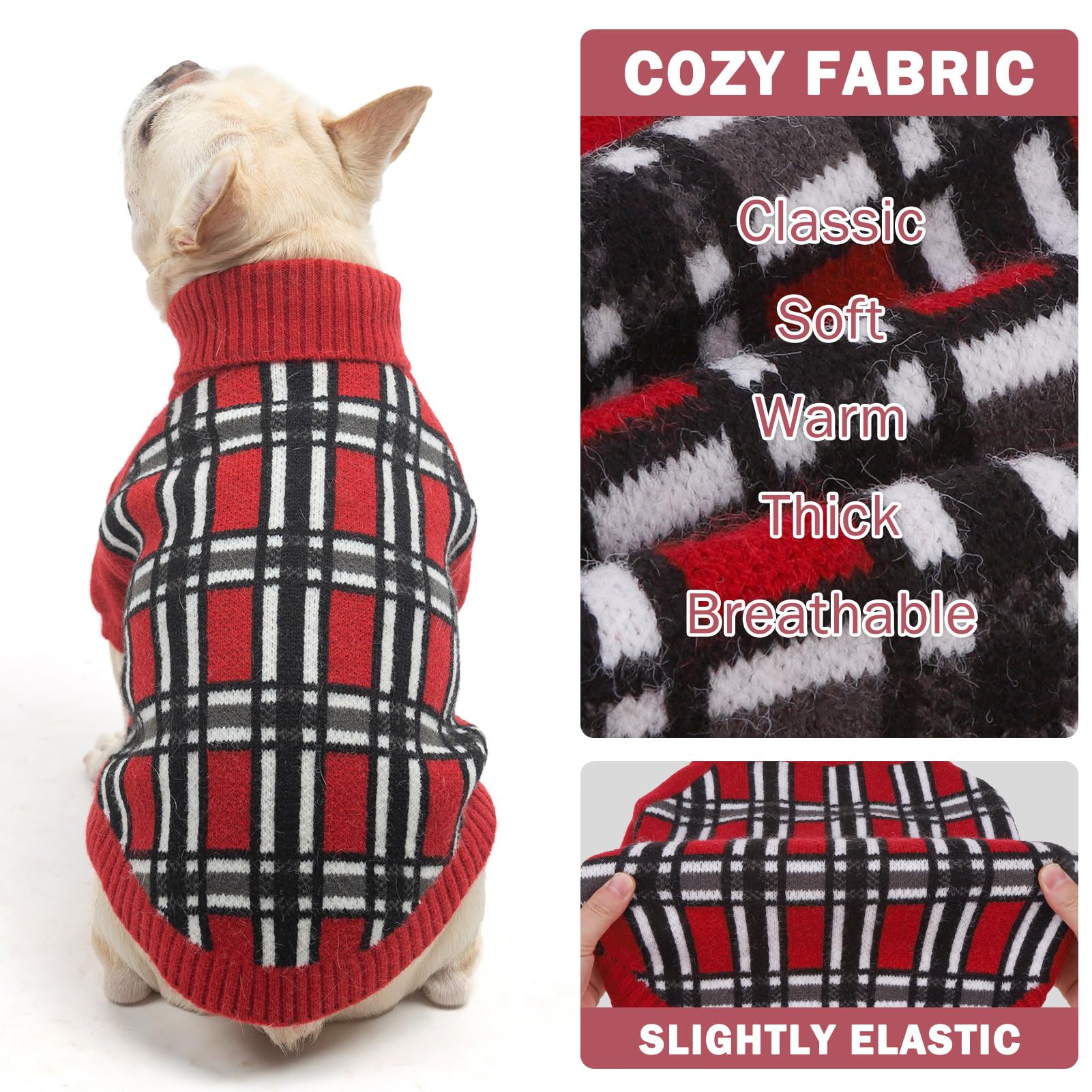Scenereal Medium Dog Pullover Sweater, Cable Knitwear Winter Dog Sweatershirt, Classic Plaid Turtleneck Thick Warm Dog Clothes F
