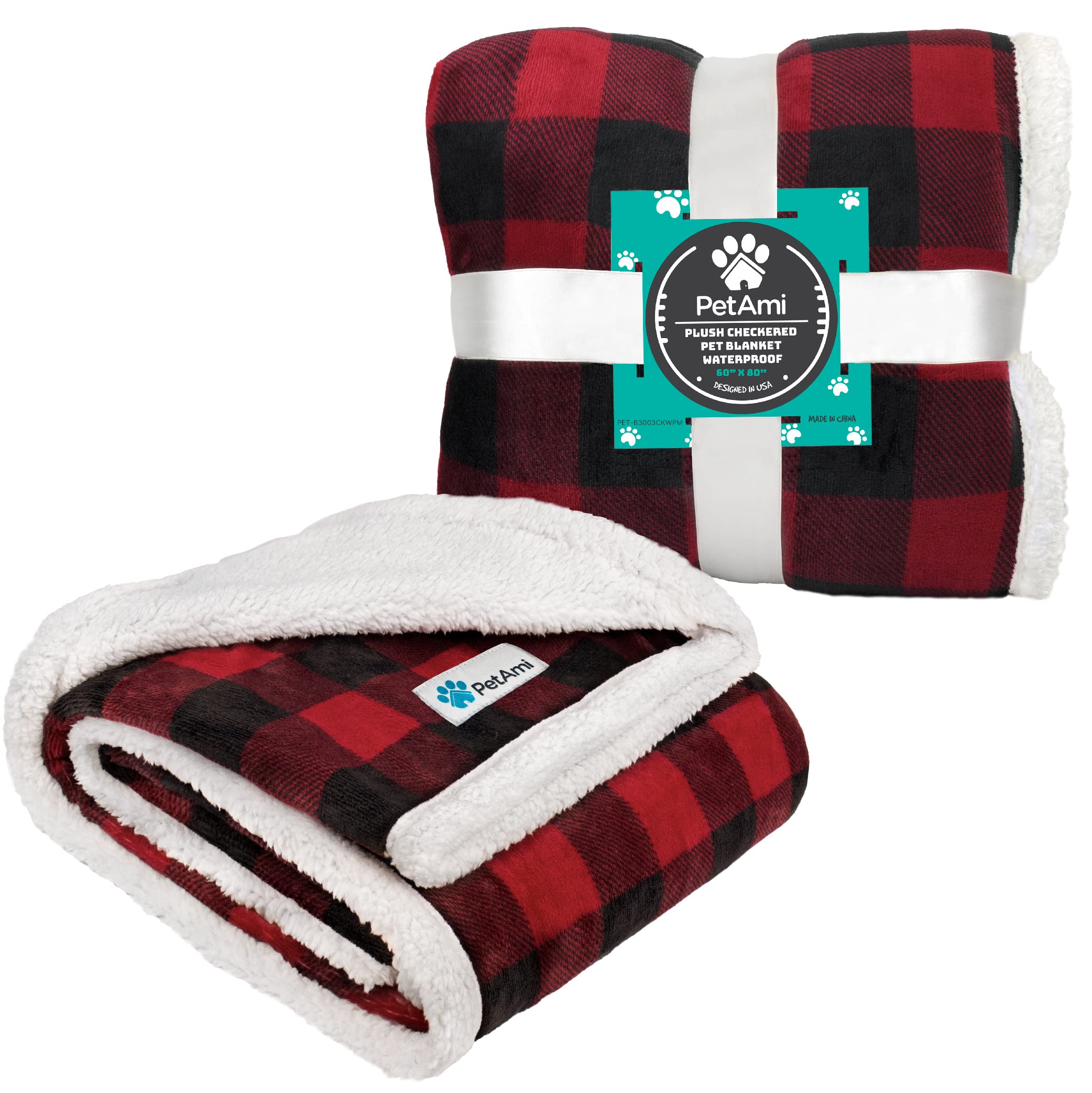Petami Dog Blanket For Medium Large Dogs, Pet Bed Blanket Cat Puppy Kitten, Fleece Furniture Couch Cover Protector Sofa Car, Soft Sherpa Dog Throw Plush Reversible Washable, 40X60 Checker Red