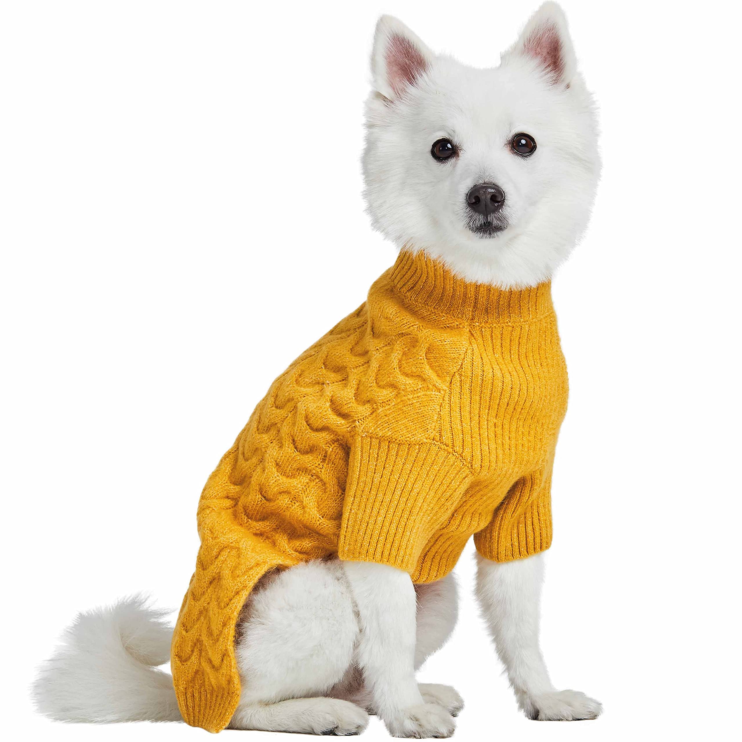 Blueberry Pet Classic Fuzzy Textured Knit Pullover Turtle-Neck Dog Sweater In Mustard Yellow, Back Length 16', Pack Of 1 Clothes For Dogs