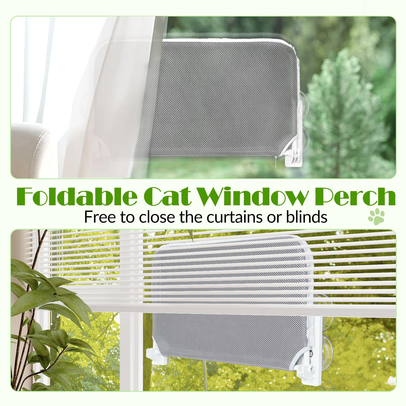 Keny Foldable Cat Window Perch With 4 Larger Suction Cups, Cordless Window Bed With Reversible Cover For Cats Inside, Grey
