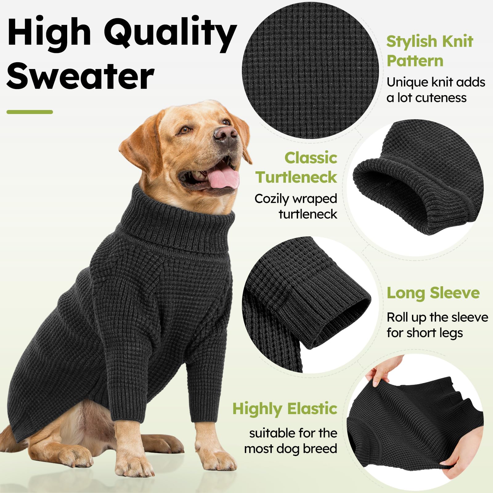 Queenmore Turtleneck Long Sleeve Knitted Dog Sweater With Check Pattern, Fall Winter Warm For Small Medium Large Dogs, Solid Pul