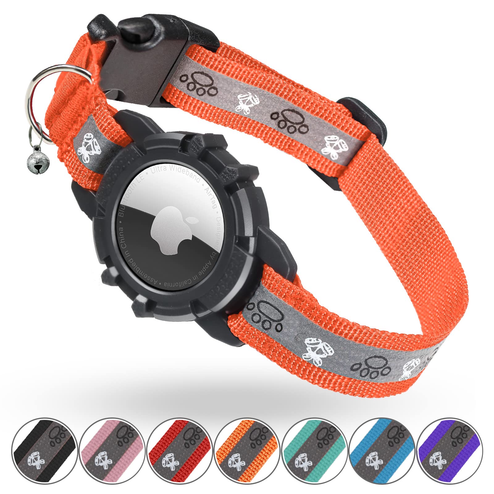 Reflective Airtag Cat Collar, Integrated Cat Tracker Collar With Air Tag Holder And Bell, Safety Elastic Band Cat Gps Collars For Girl Boy Cats, Kittens And Puppies (Orange,Xs)