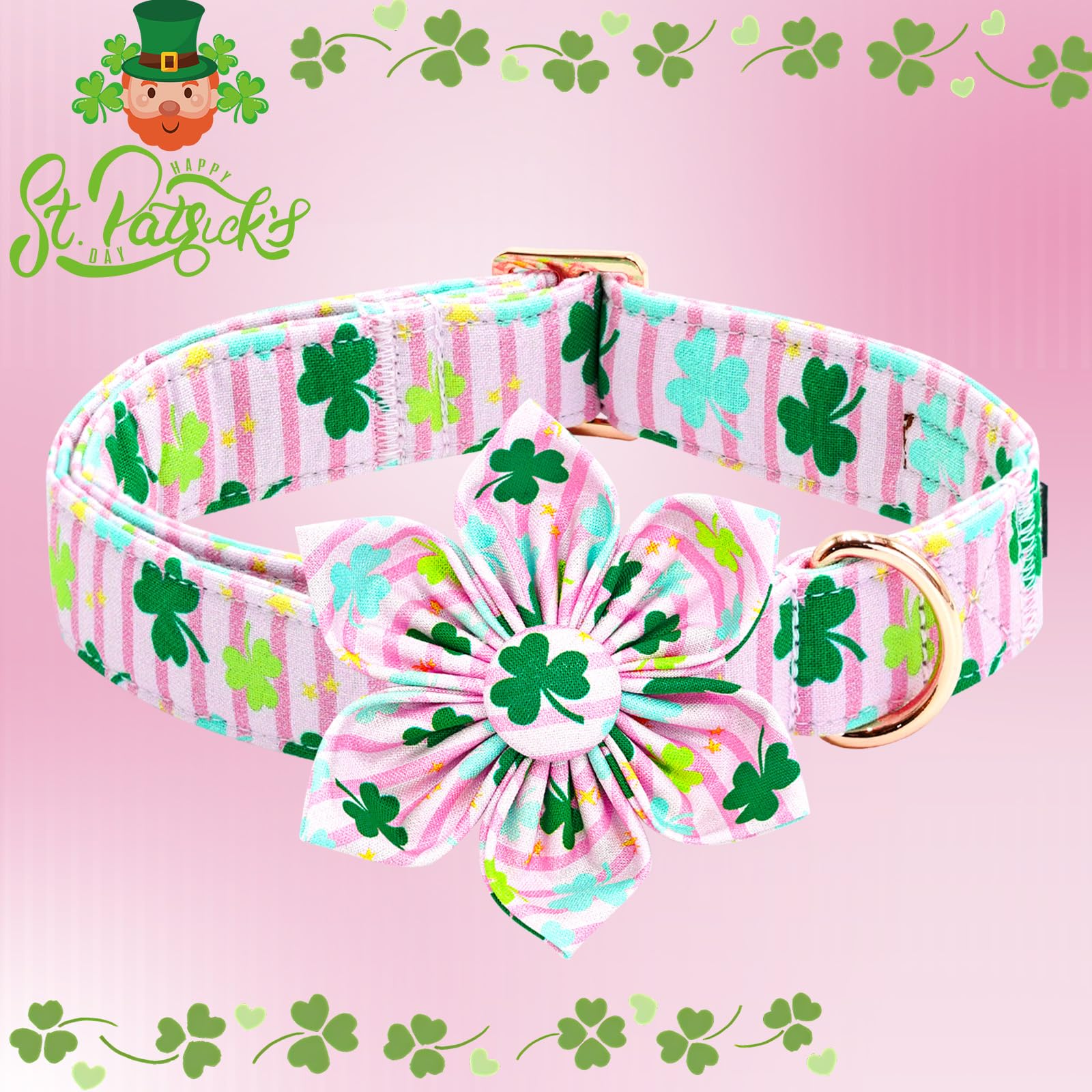 Lionheart Glory St. Patrick'S Day Dog Collar With Flower-Lucky Clover Shamrock Dog Bow For Medium Dogs - Pink Spring Trefoil Dog