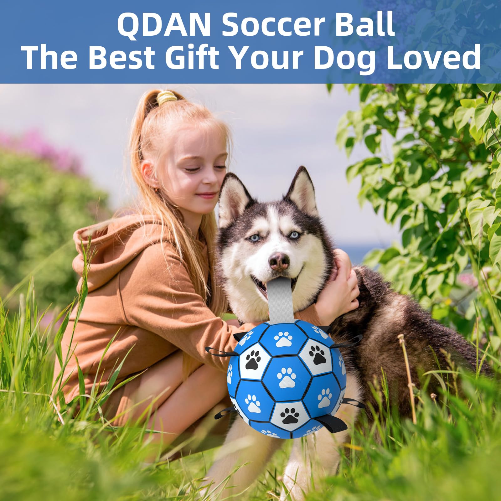 QDAN Extra Large Dog Soccer Ball - Durable Polyurethane, Dark Blue, 9 Inch, Outdoor Toy with Straps for Large Dogs