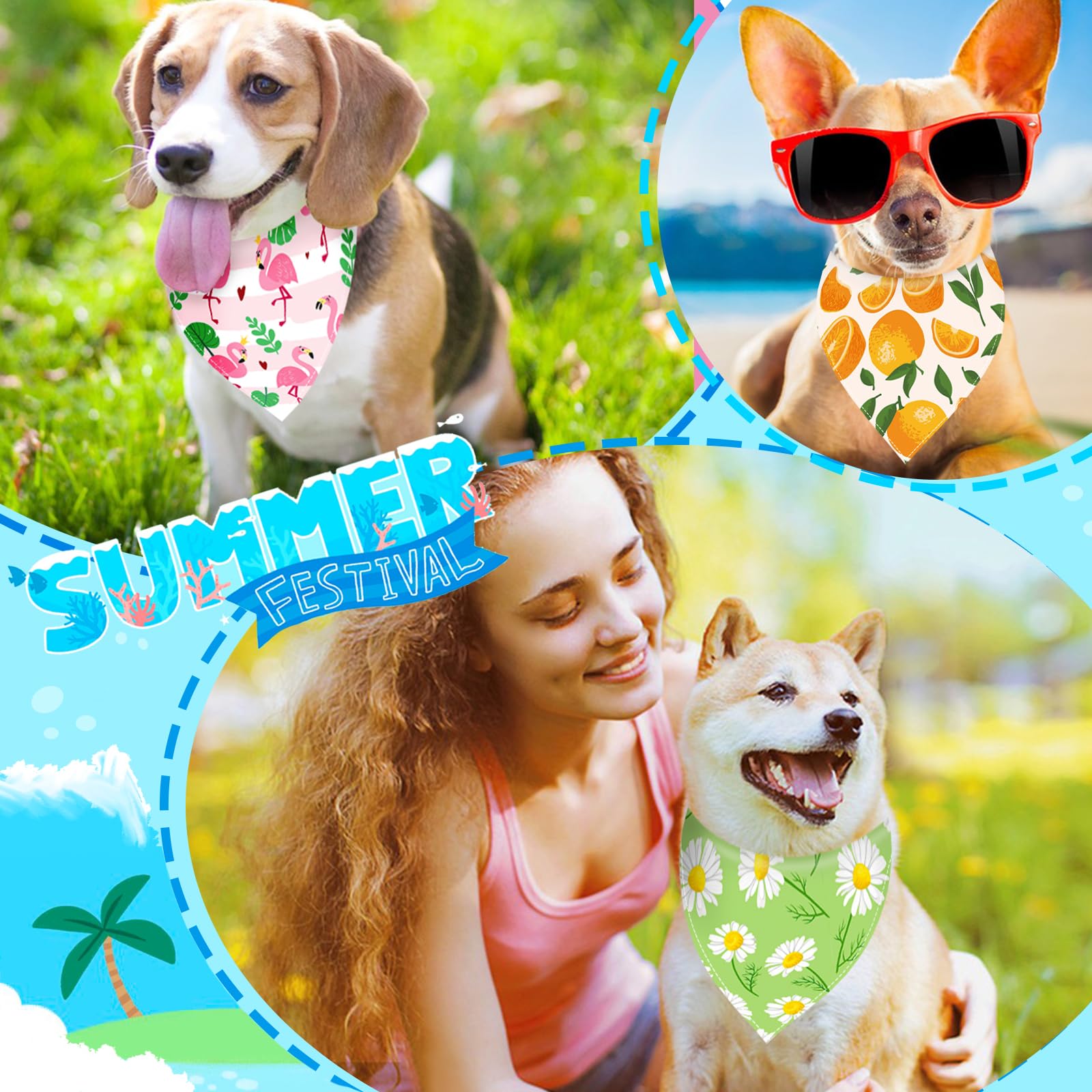 Xpudac 100 Pack Summer Dog Bandanas Bulk Dog Scarf Bibs Adjustable Washable Kerchief With Fruit Flamingo Flower Patten Pet Costu