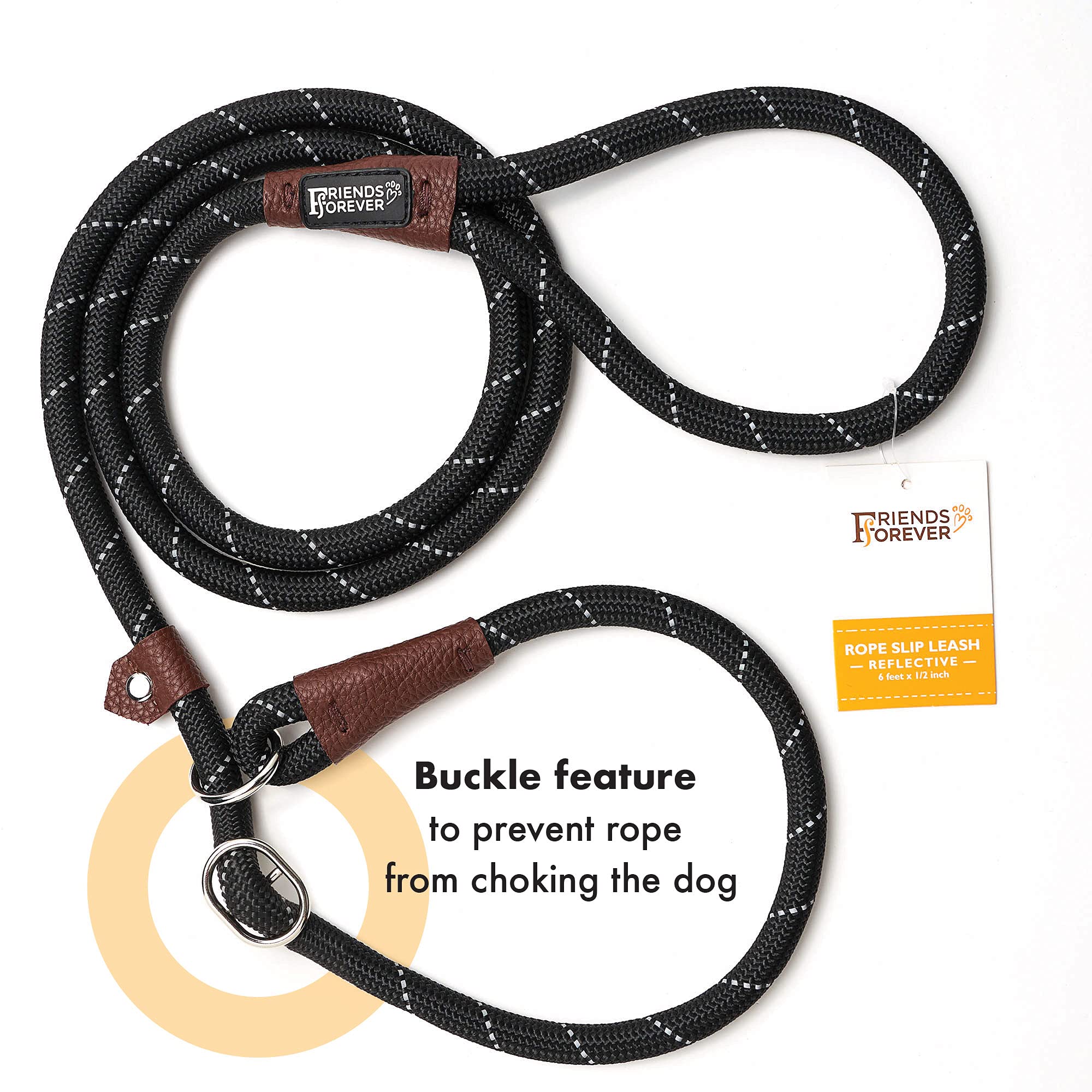 Friends Forever Dog Rope Leash - Durable, Reflective, 6ft, Black, Heavy Duty Training Slip Lead for Large, Medium, Small Pets