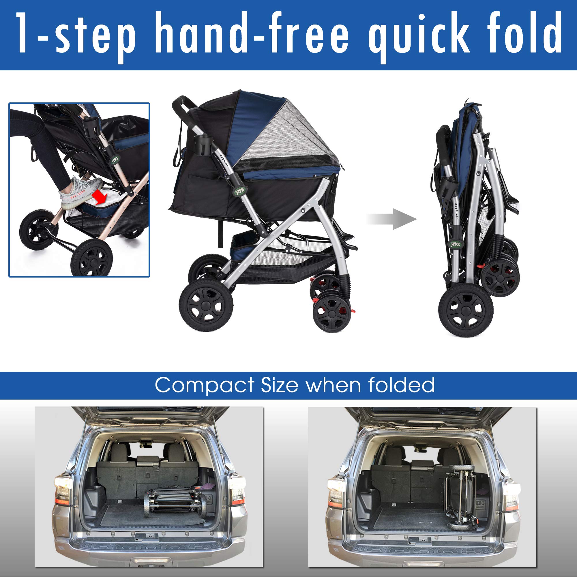HPZ Pet Rover Heavy Duty Pet Stroller, Large, Alloy Steel, Midnight Blue, Model DS328, Zipperless Entry, Reversible Handle