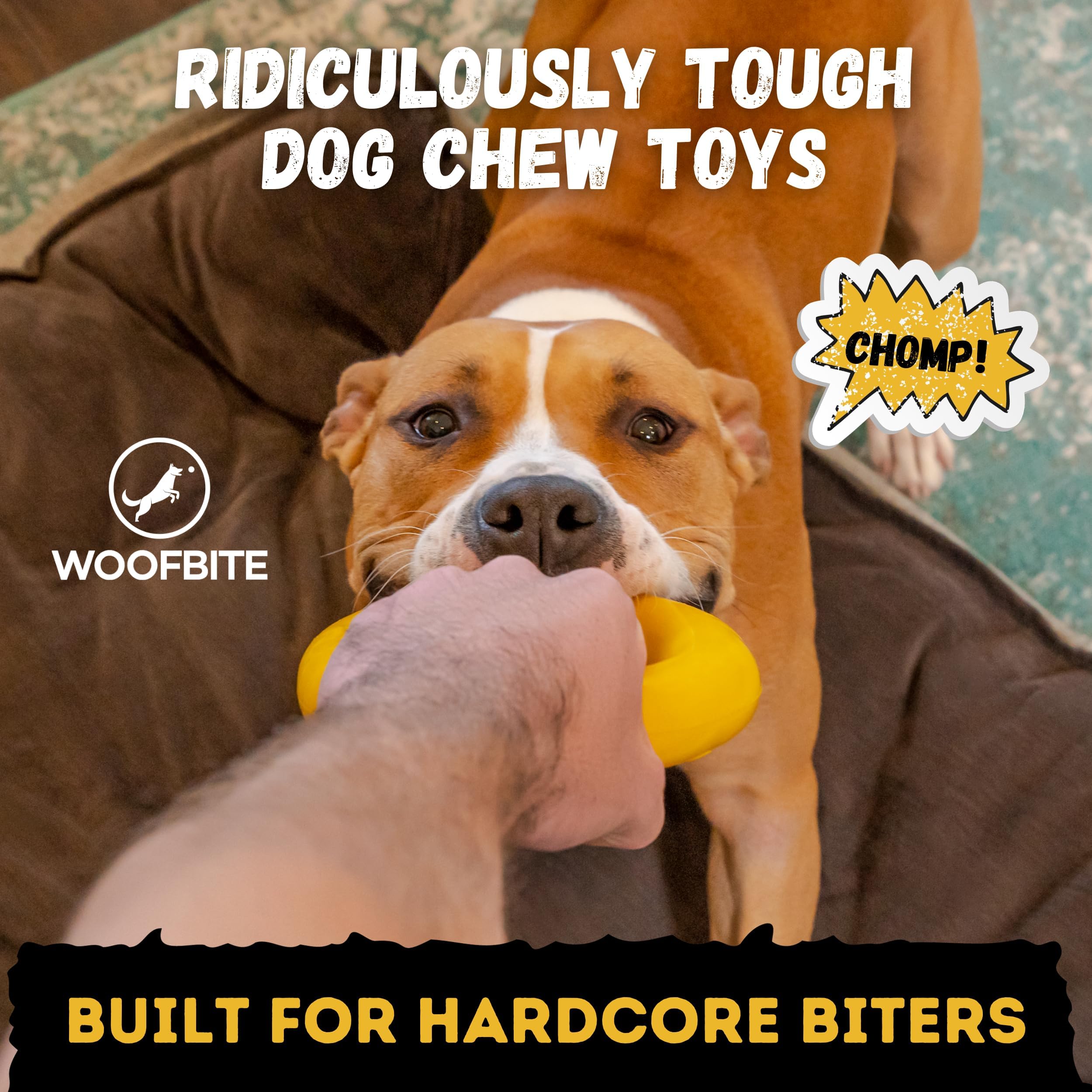 WoofBite Indestructible Dog Chew Toy - Durable Natural Rubber for Aggressive Chewers - Medium/Large, 6.5"x1.25", Lifetime Replacement