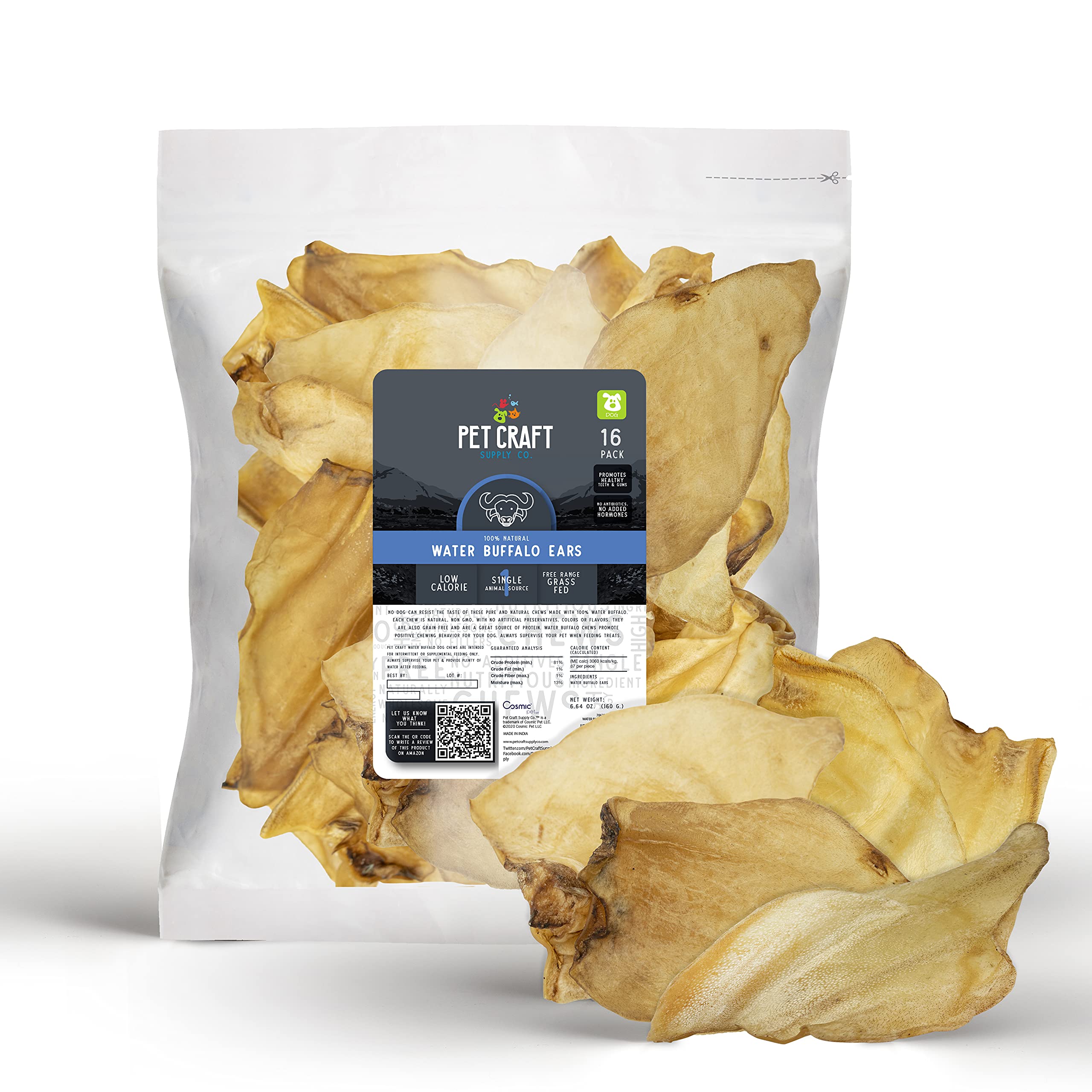 Pet Craft Supply Grass Fed Water Buffalo Ear 16 Count (Pack of 1) Pig Ears for Dogs Alternative Free Range Long Lasting Dog Chew