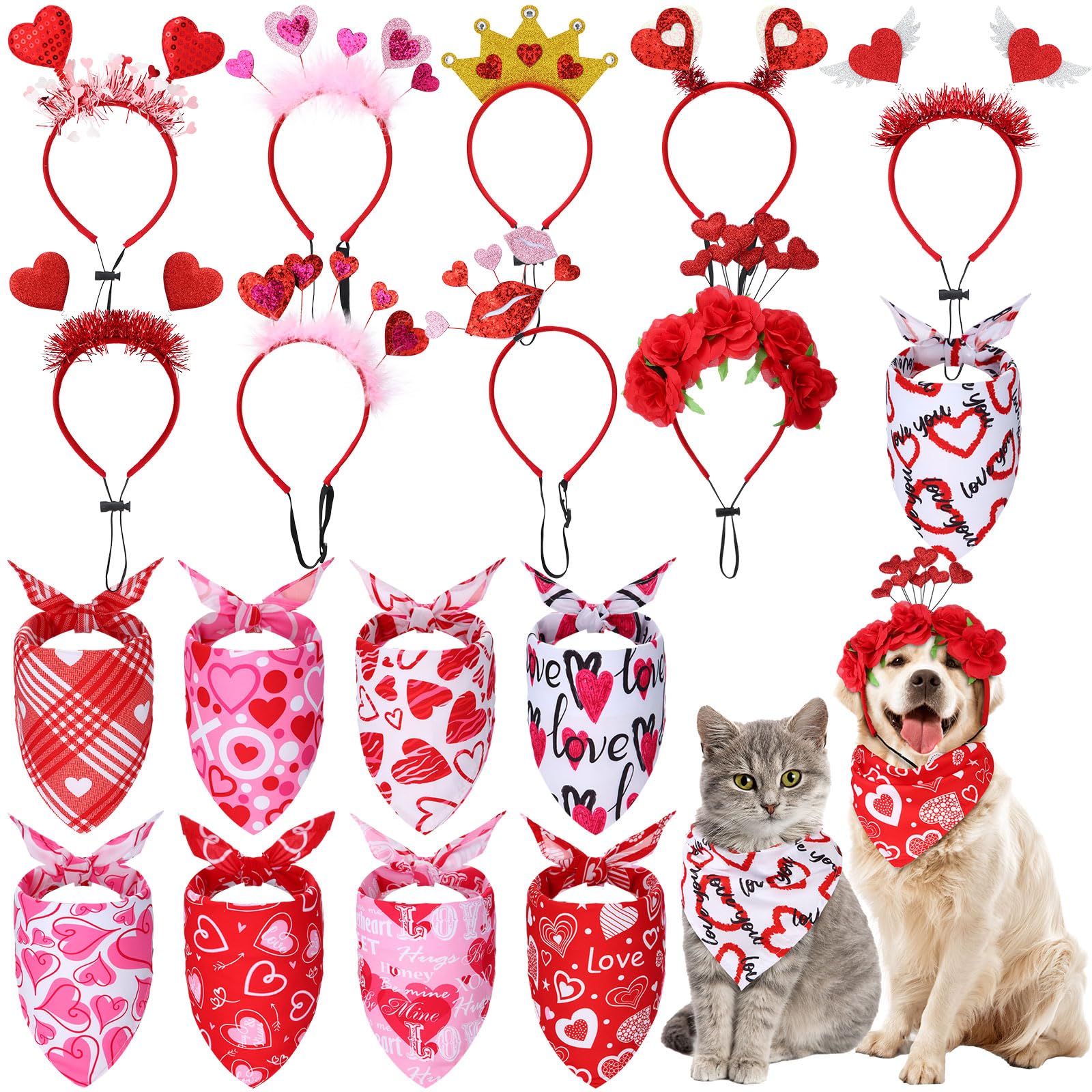 Wavwavw 18 Pcs Valentines Day Dog Headband Red Love Hearts Cute Dog Bandanas Costume Triangle Pet Scarf Adjustable Head Bopper H