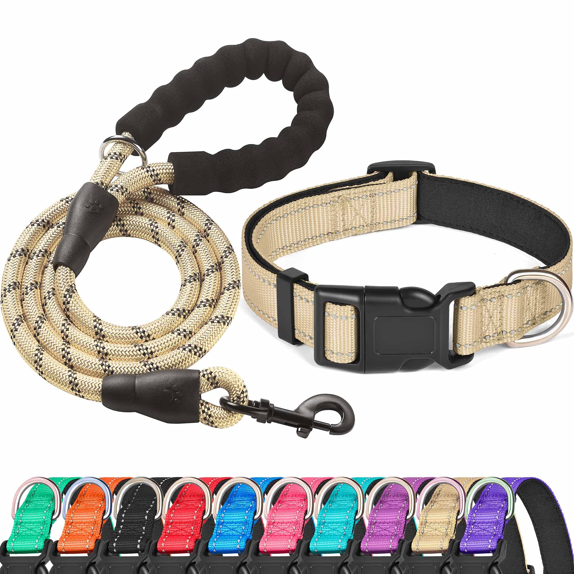 Ladoogo Reflective Dog Collar Padded With Soft Neoprene Breathable Adjustable Nylon Dog Collars For Small Medium Large Dogs (Large (Pack Of 1), Vanilla Collar+Leash)
