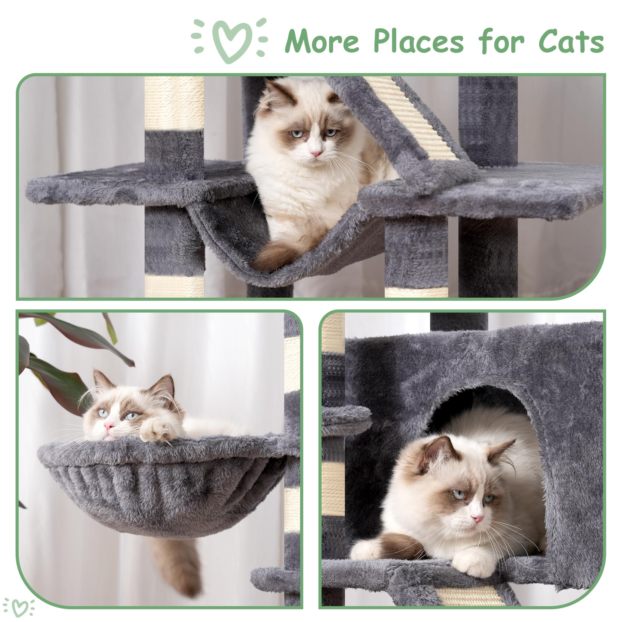 Gitelsnour Cat Tree - Multi-Level Cat Tower with Scratching Post, Hammock, 63" Engineered Wood, Smoky Gray, Model GCT011G