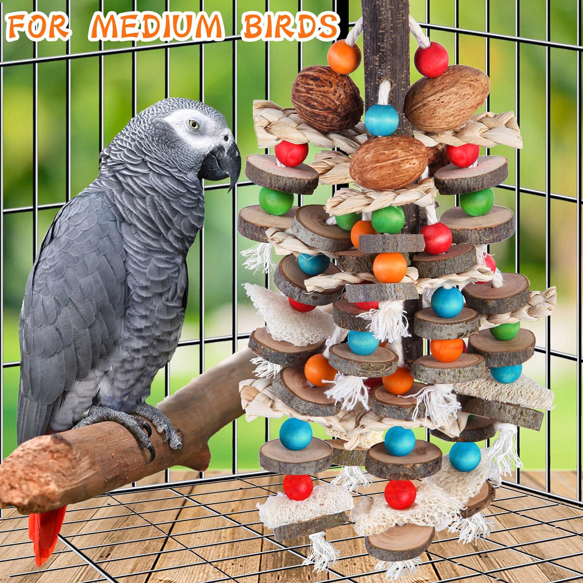 BBjinronjy Large Parrot Chewing Toy - Natural Wood, Nuts, Loofah - Ideal for African Grey, Macaws, Conures, and Small Birds