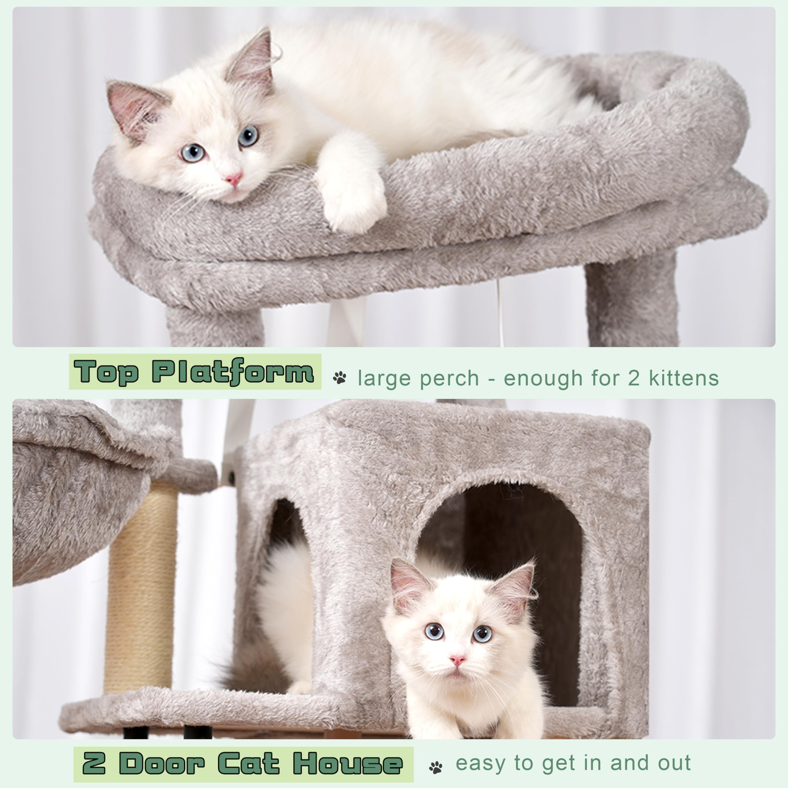 Gitelsnour Cat Tree Tower - 43.3" Indoor Cat Condo with Steel Frame, Hammock, Scratching Post, Light Gray, Model GCT004SW