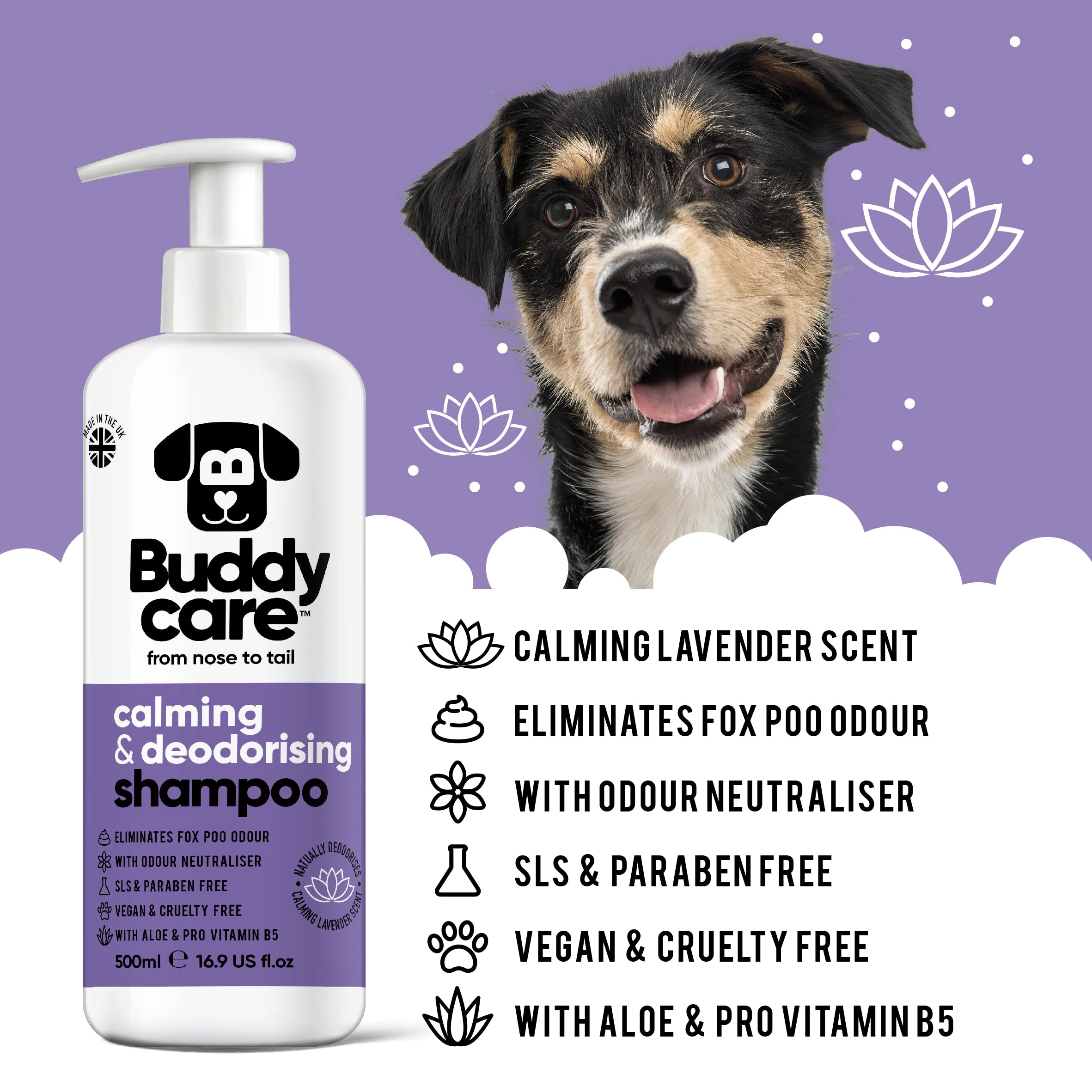 Calming & Deodorising Dog Shampoo By Buddycare | Lavender Scented | With Aloe Vera And Pro Vitamin B5 (50.72Oz)