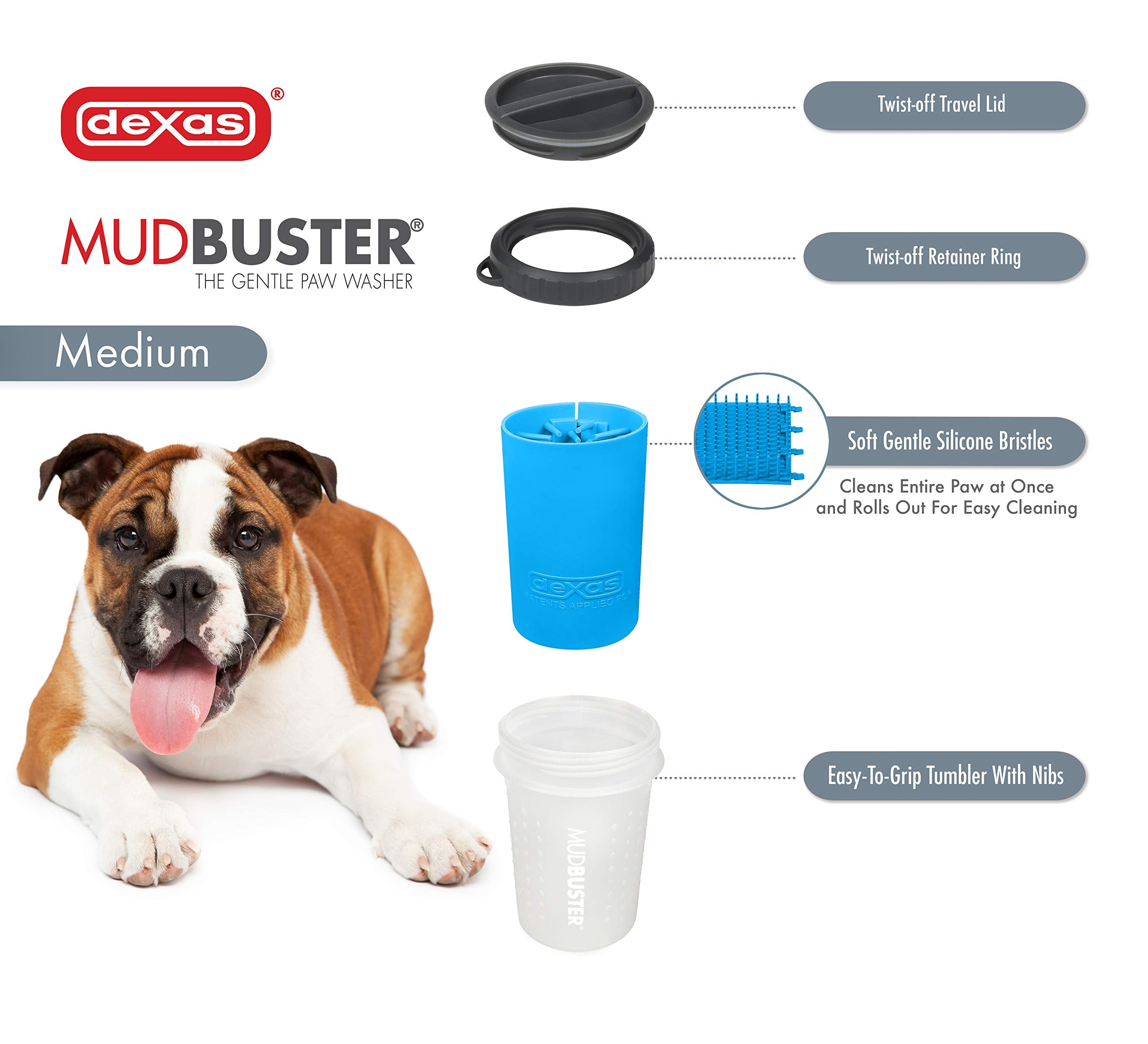 Dexas Lidded Mudbuster Portable Dog Paw Cleaner, Medium, Pro Blue