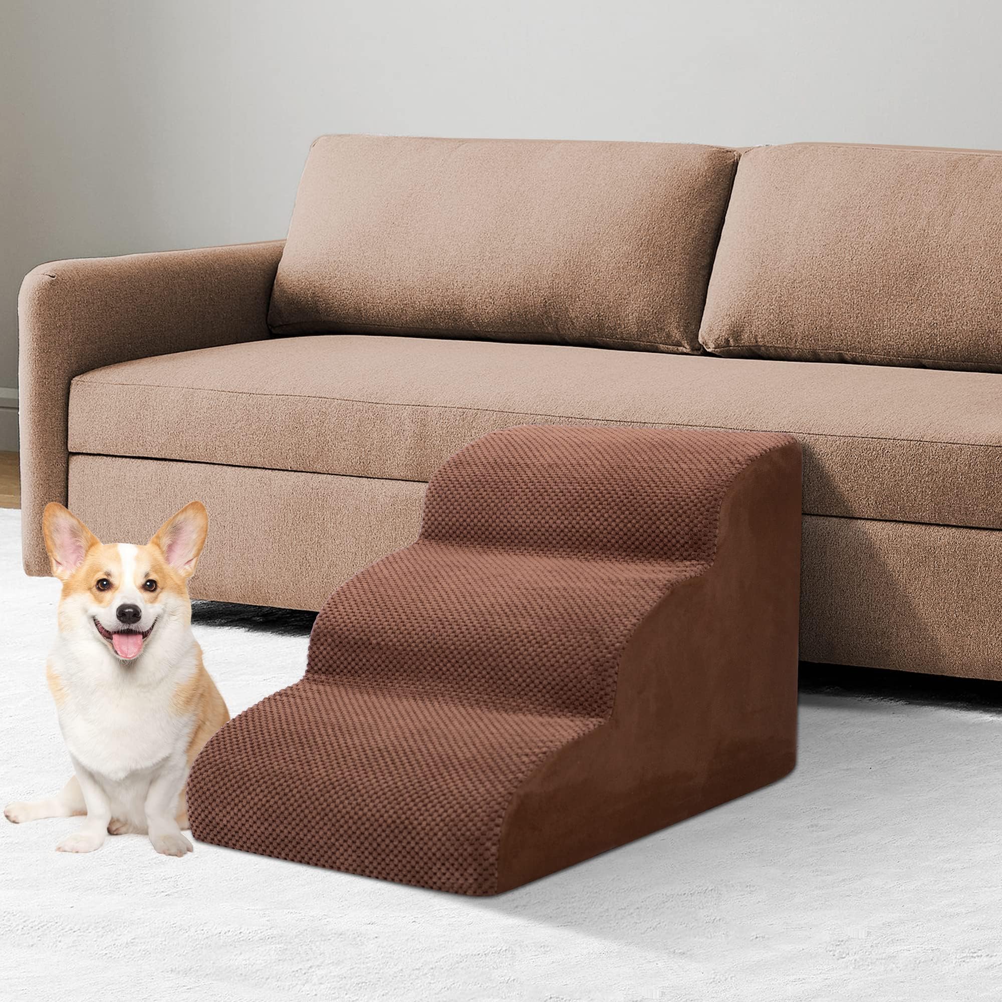 Dog Stairs For Small Dogs, 3 Tiers High Density Foam Dog Ramp, Extra Wide Non-Slip Pet Steps For High Beds Or Couch, Soft Foam D