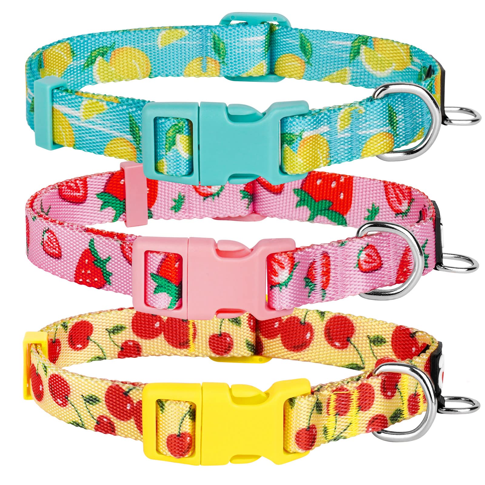 Azuza 3 Pack Fruit Design Dog Collars Comfortable And Adjustable Nylon Dog Collars For Small Dogs, S (11-16Inch),Strawberry,Lemo