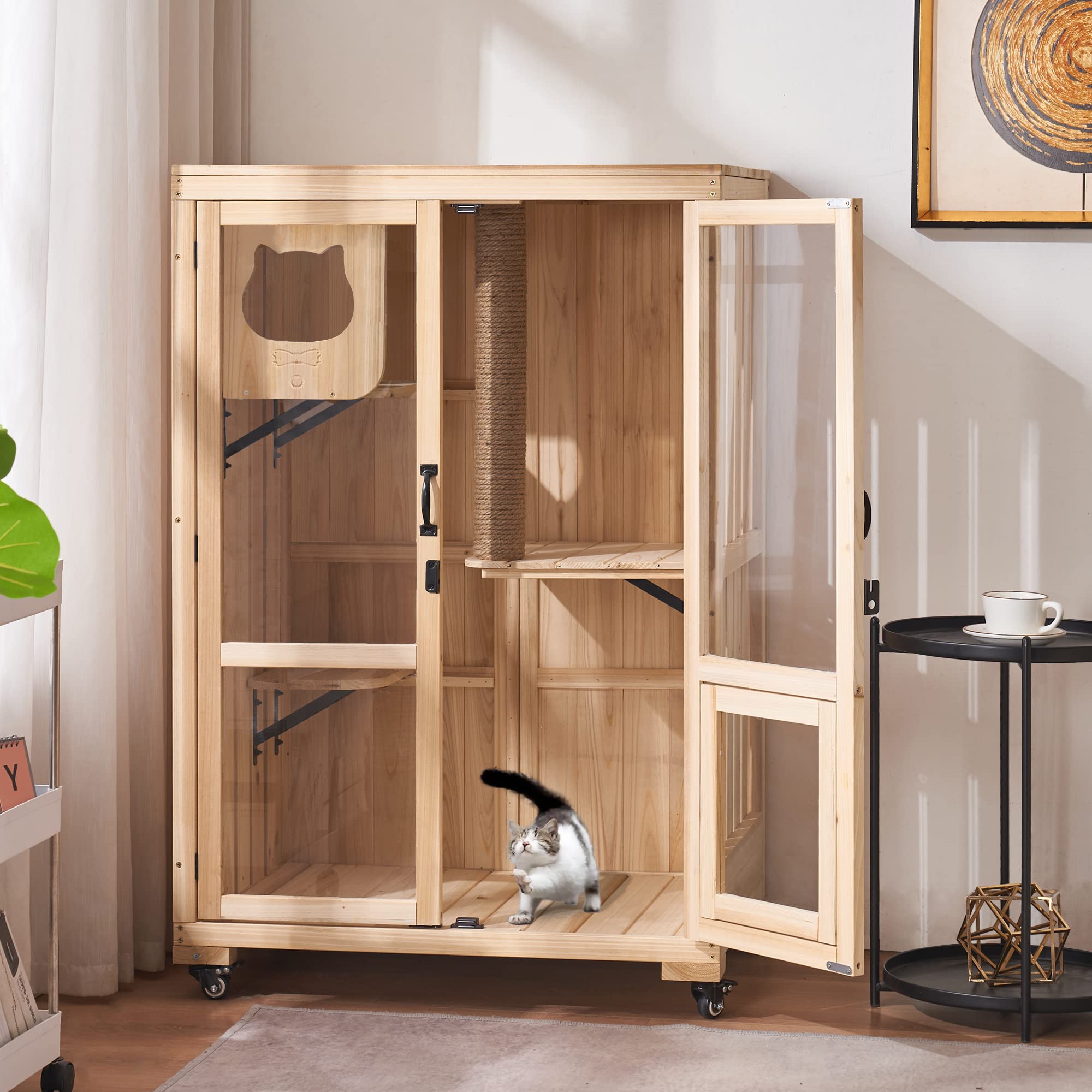 MCombo Luxury Cat House with Scratching Post, Wooden Multi Feature Large Cat Condo with Escape Door and Wheels, Kitten Cages wit