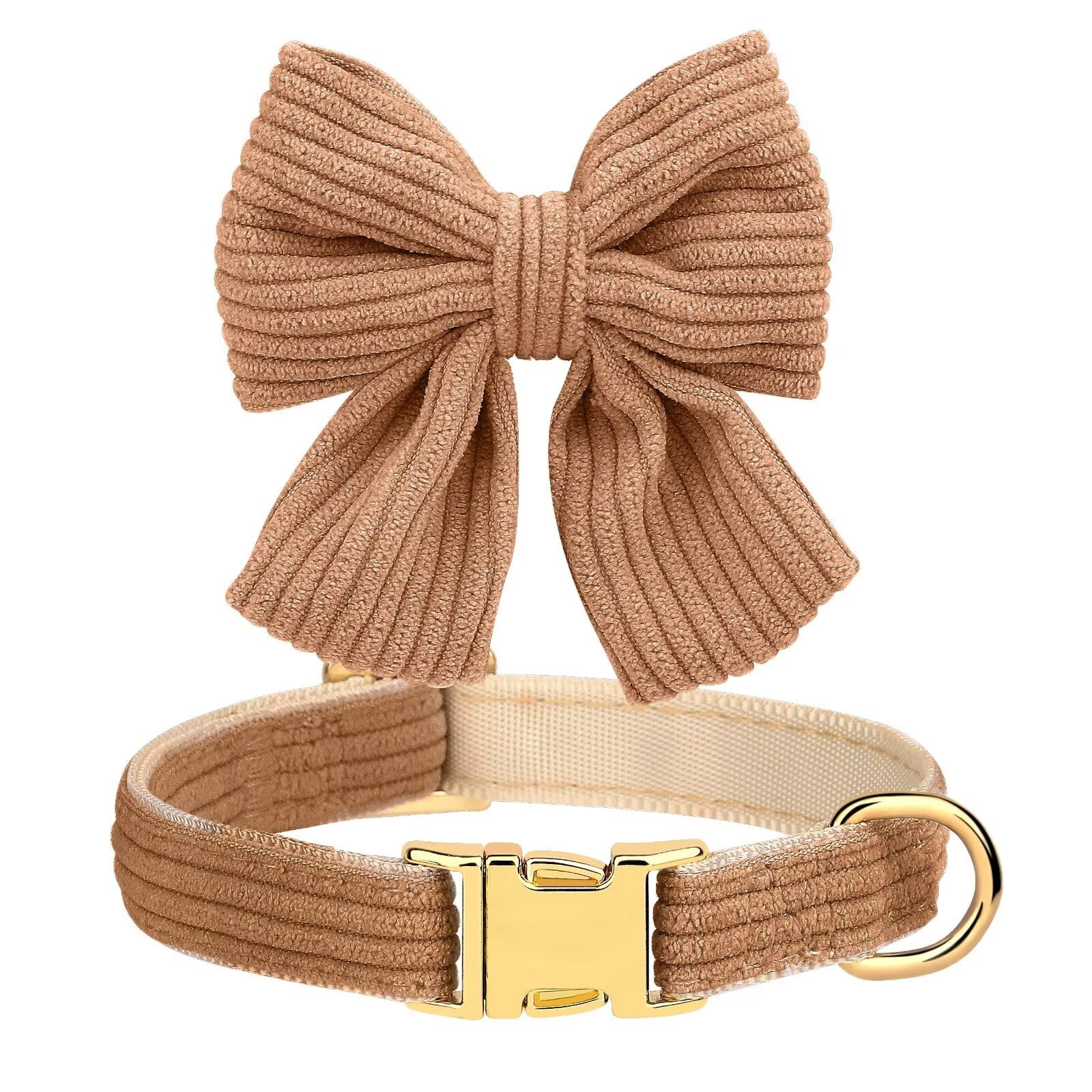 Didog Dog Collar And Leash Set With Bowtie, Girl Dog Collars Metal Buckle Adjustable For Small Medium Dogs(Brown, S)