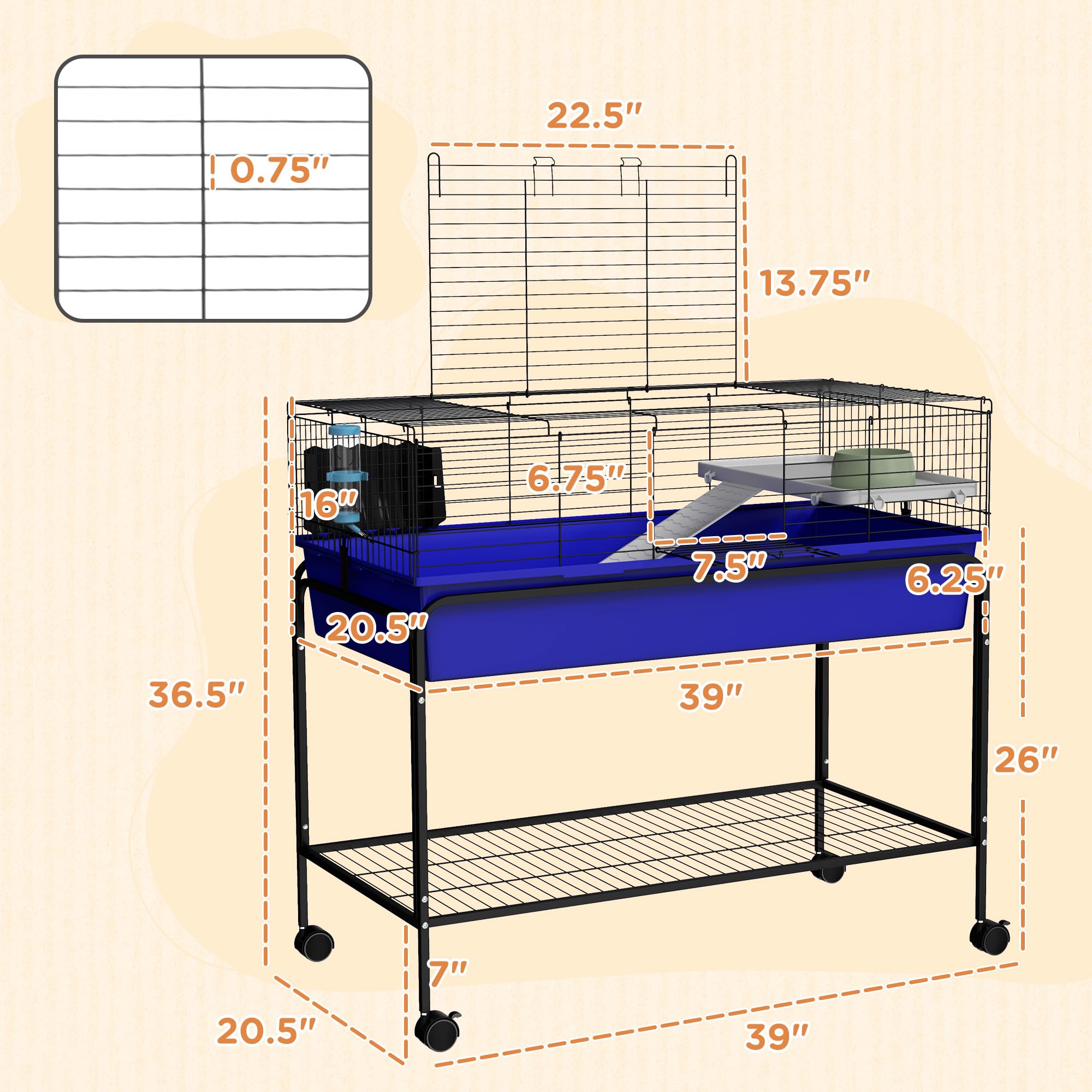 PawHut Two-Story Small Animal Cage Removable From Stand, Guinea Pig, Hedgehog, Chinchilla, Ferret Habitat With Shelf & Wheels, 3