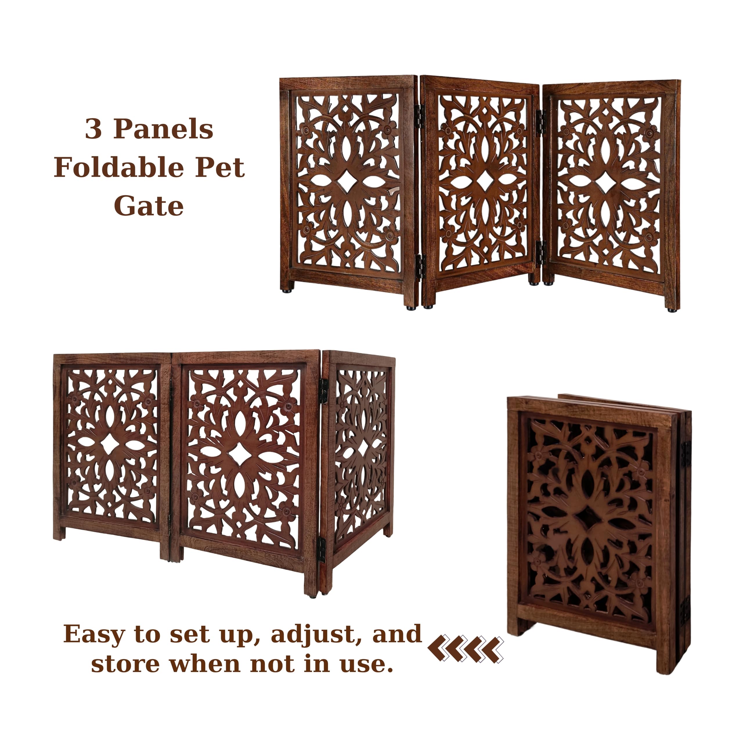 Lightnpro Wooden Pet Gate - Foldable Carved Dog Gate, Extra-Wide Freestanding Indoor Safety Barrier for Dogs & Cats, Perfect for