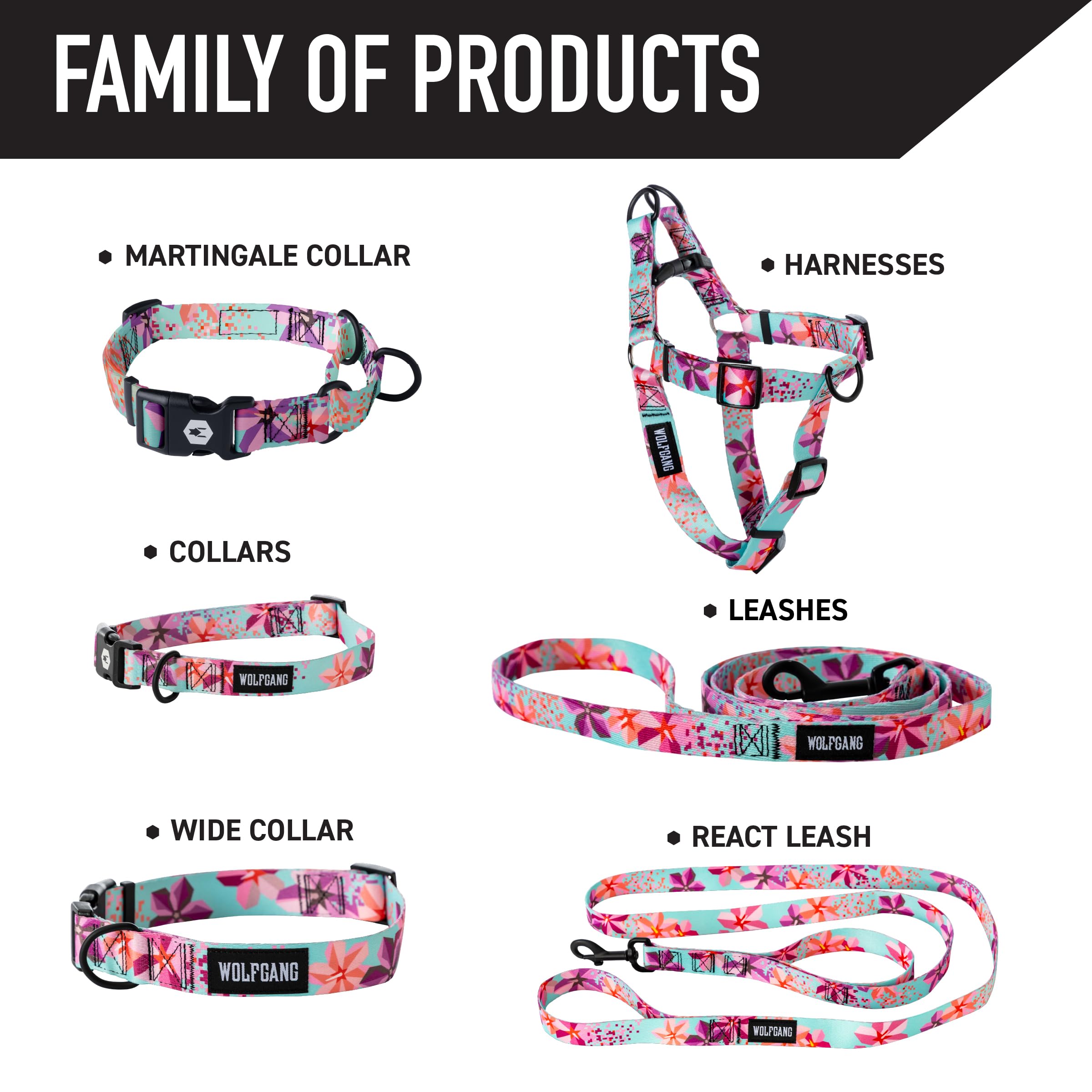 Wolfgang Heavy Duty Adjustable Dog Harness, Pull-Tested to Over 800 lbs for Walking & Training, DigiFloral Print, Large
