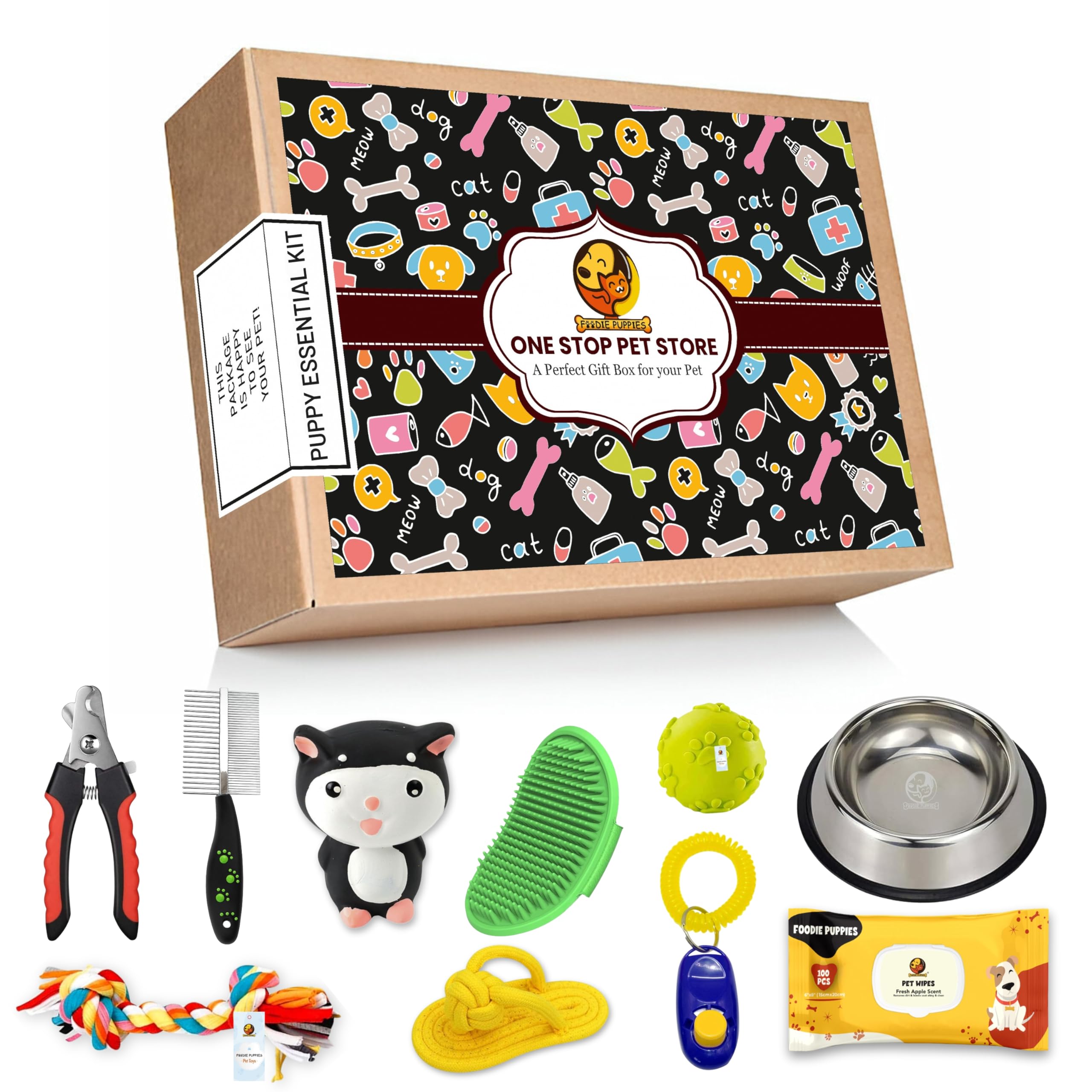 Foodie Puppies Puppy Essential Gift Box 10Pcs Set Includes Kitty, Claw Ball, I Clicker, Nail Clipper, Paw Dual Side Comb, 2Knot 