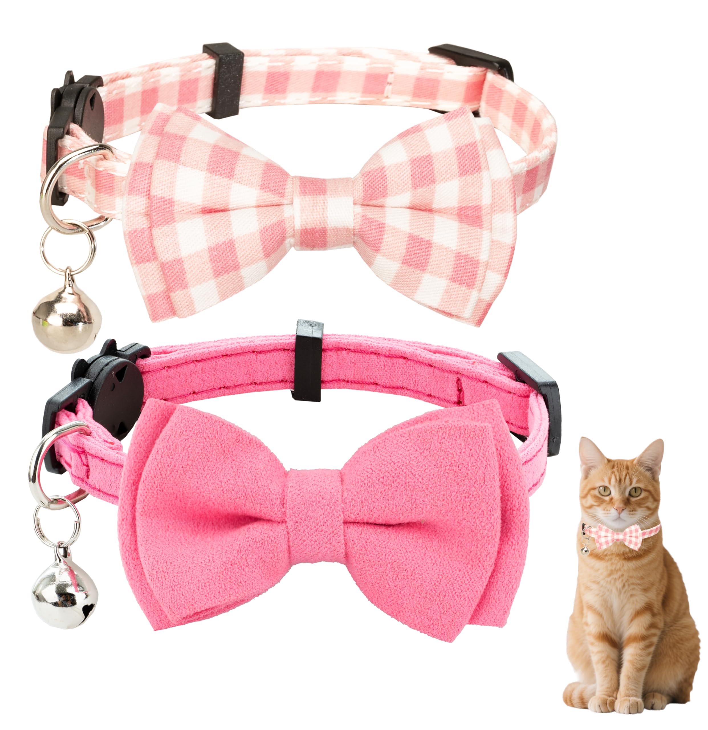 Gyapet Cat Collar Breakaway With Bell Boy Girl Kitten Bow Tie Safety Plaid Solid Color Set Cute Soft Summer [2Pcs] Pink