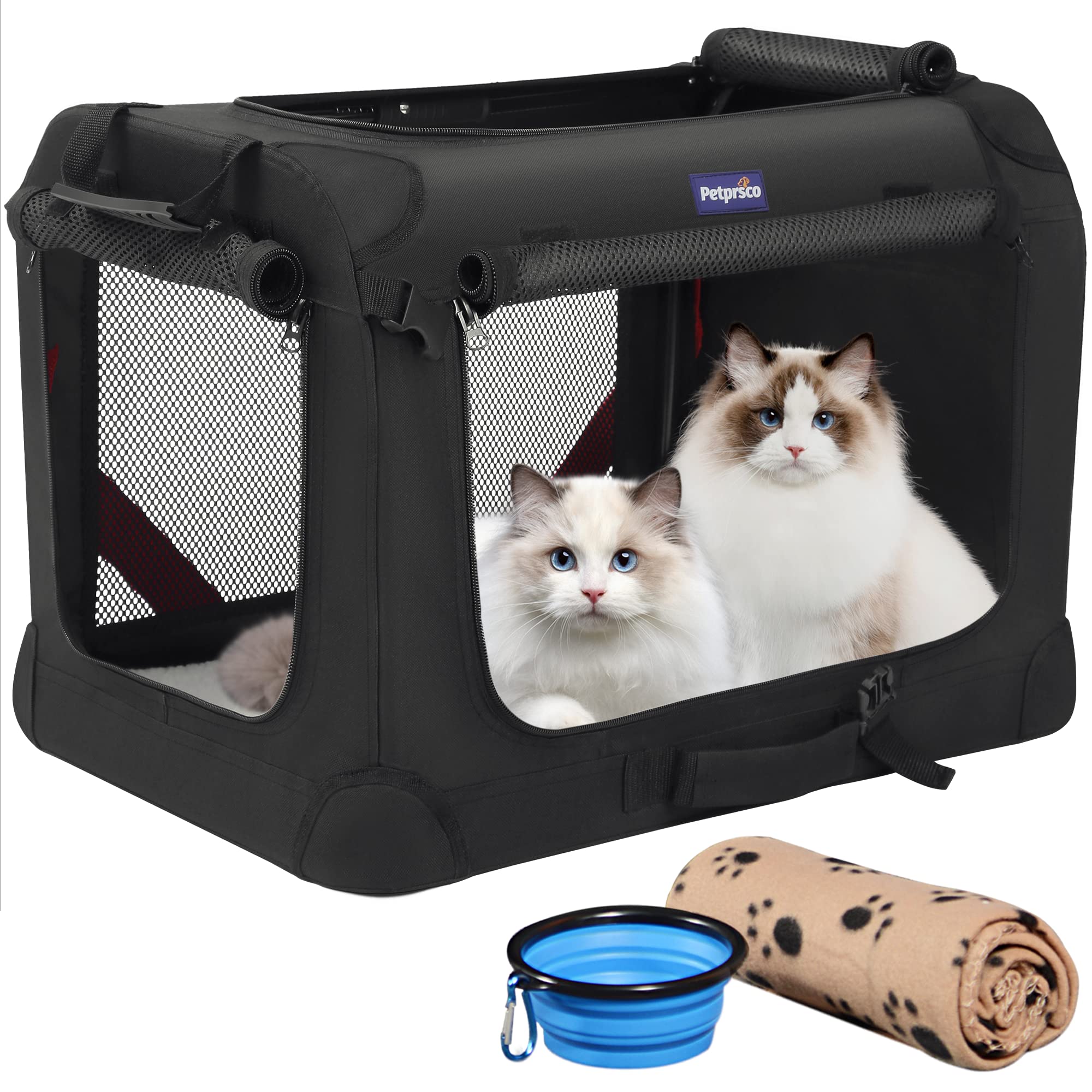 Petprsco Large Cat Carrier for 2 Cats Small Medium Dogs, Soft Pet Carrier 24x17x17 for Traveling with Warm Blanket Foldable Bowl