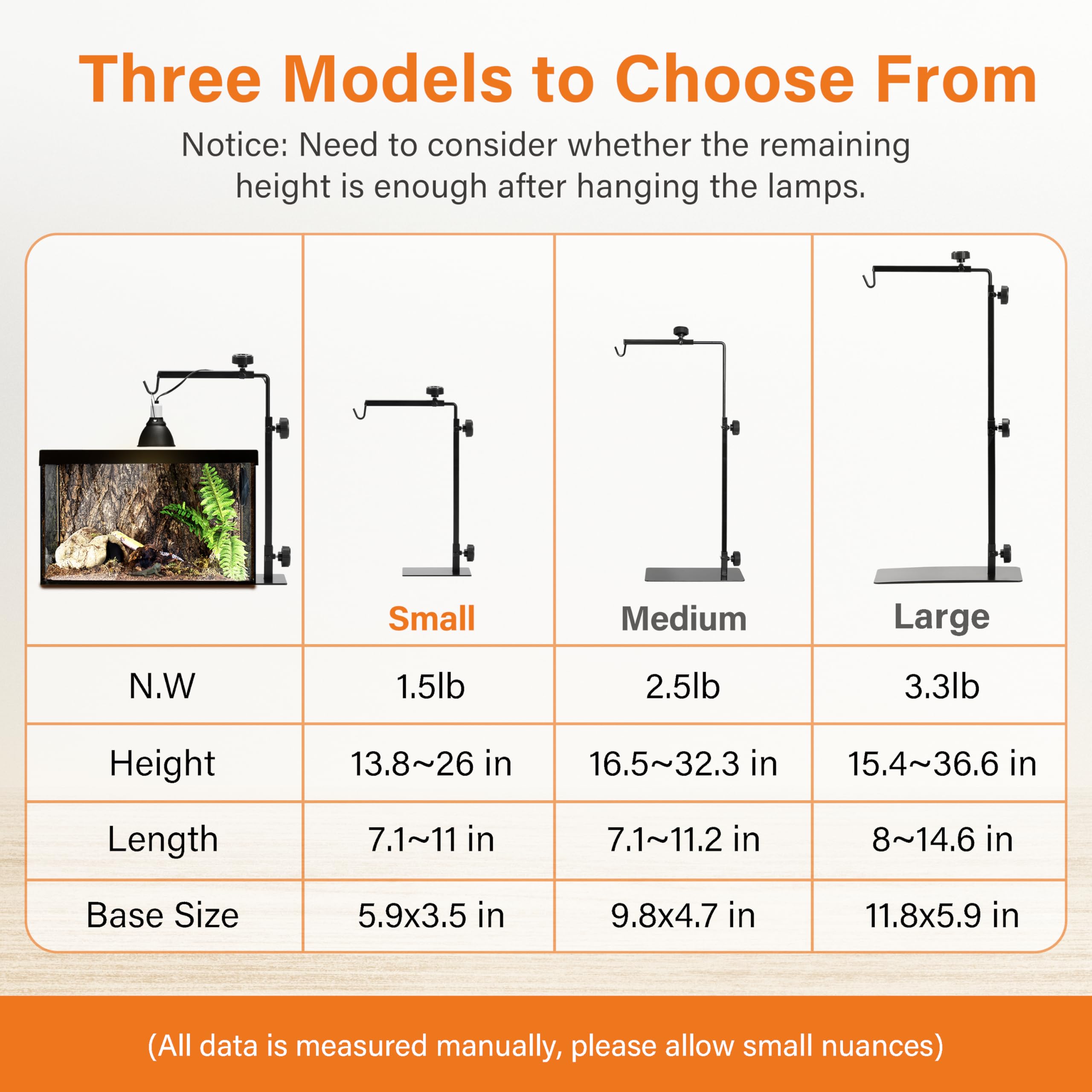 Simple Deluxe Reptile Lamp Stand Metal Light Holder Adjustable Height 14-26 Inch, For Amphibian Terrarium Heating-Light And Aqua