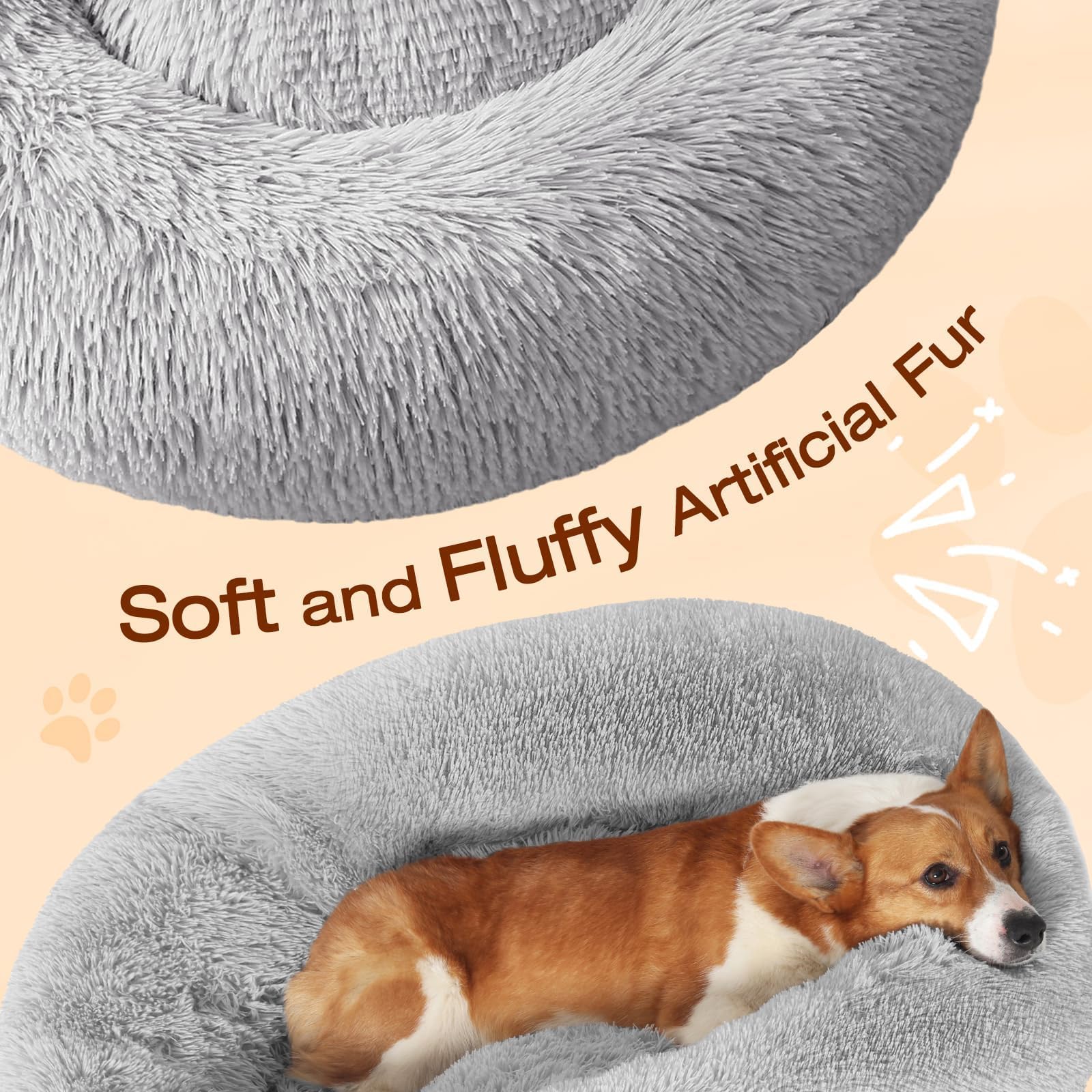 JOLLYVOGUE Dog & Cat Bed - Calming Faux Fur Donut Cushion for Small Pets, 24", Light Grey