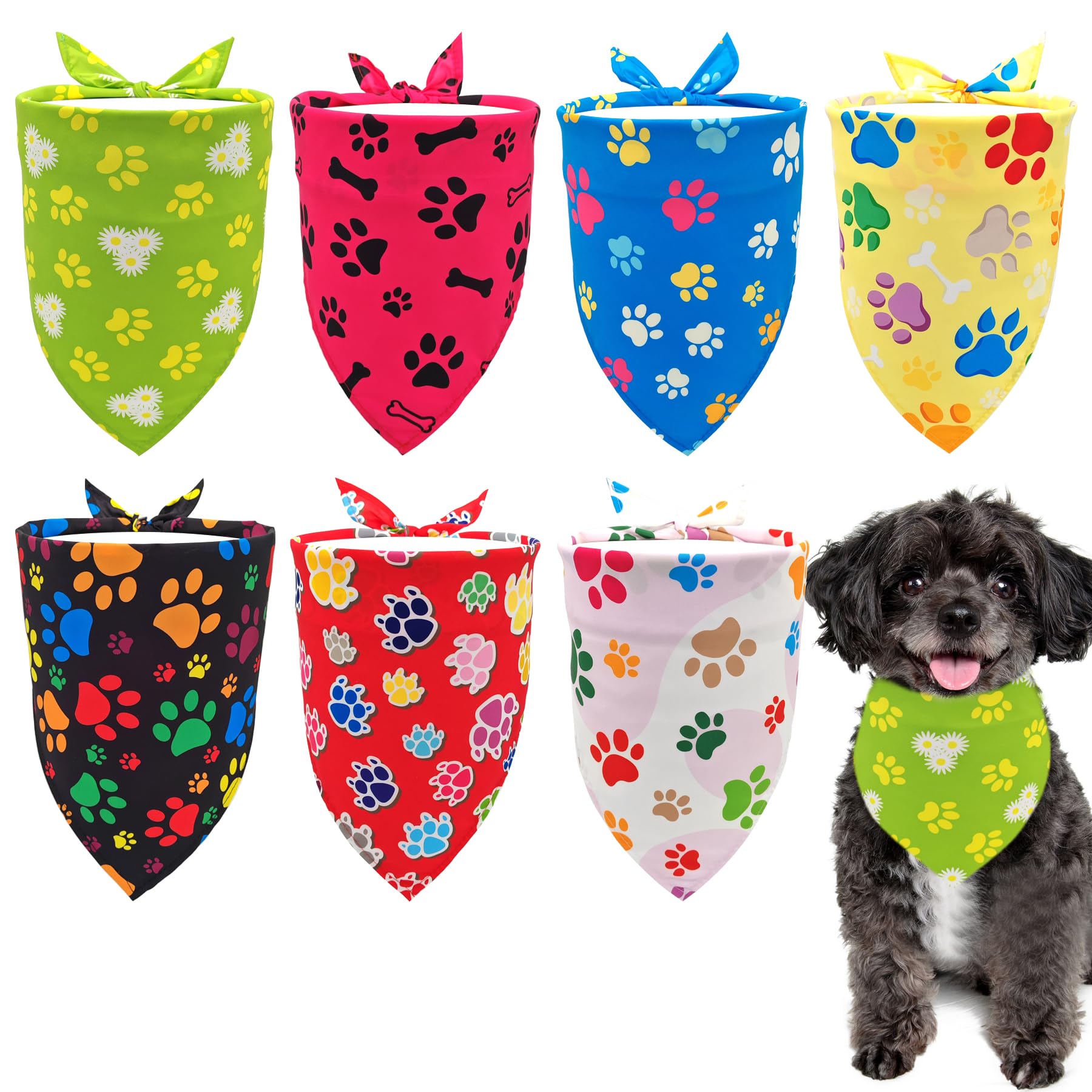 Pai Sence 7 Pcs Paw Print Dog Bandanas For Small Dog Kittens 18 Inch Polyester Dogs Bandana For Puppy Doggy Xs Scarves Party Gro