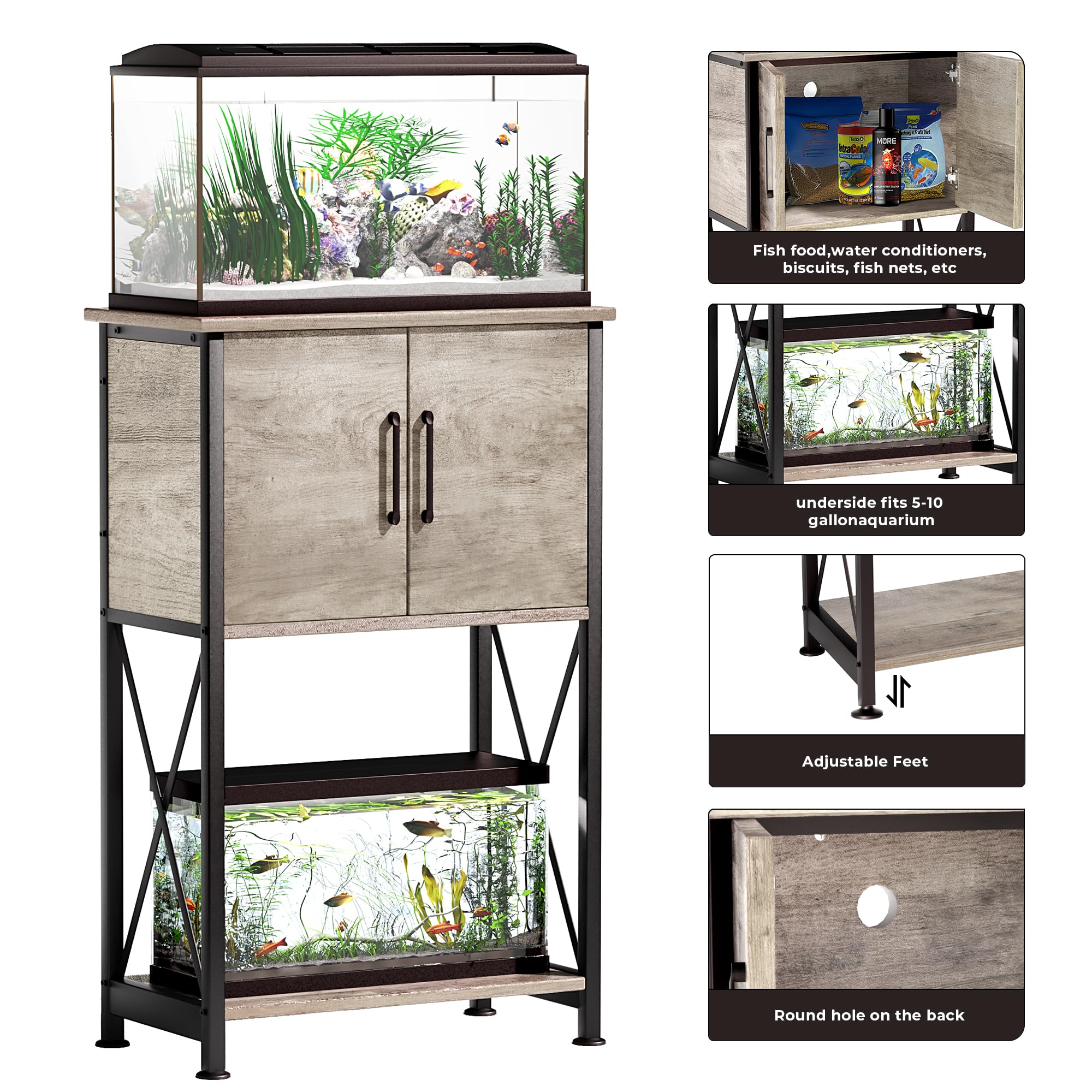 Herture Metal Aquarium Stand for 5-10 Gallon Tanks, Grey, PG06YGZ, 500LBS Capacity with Storage Cabinet