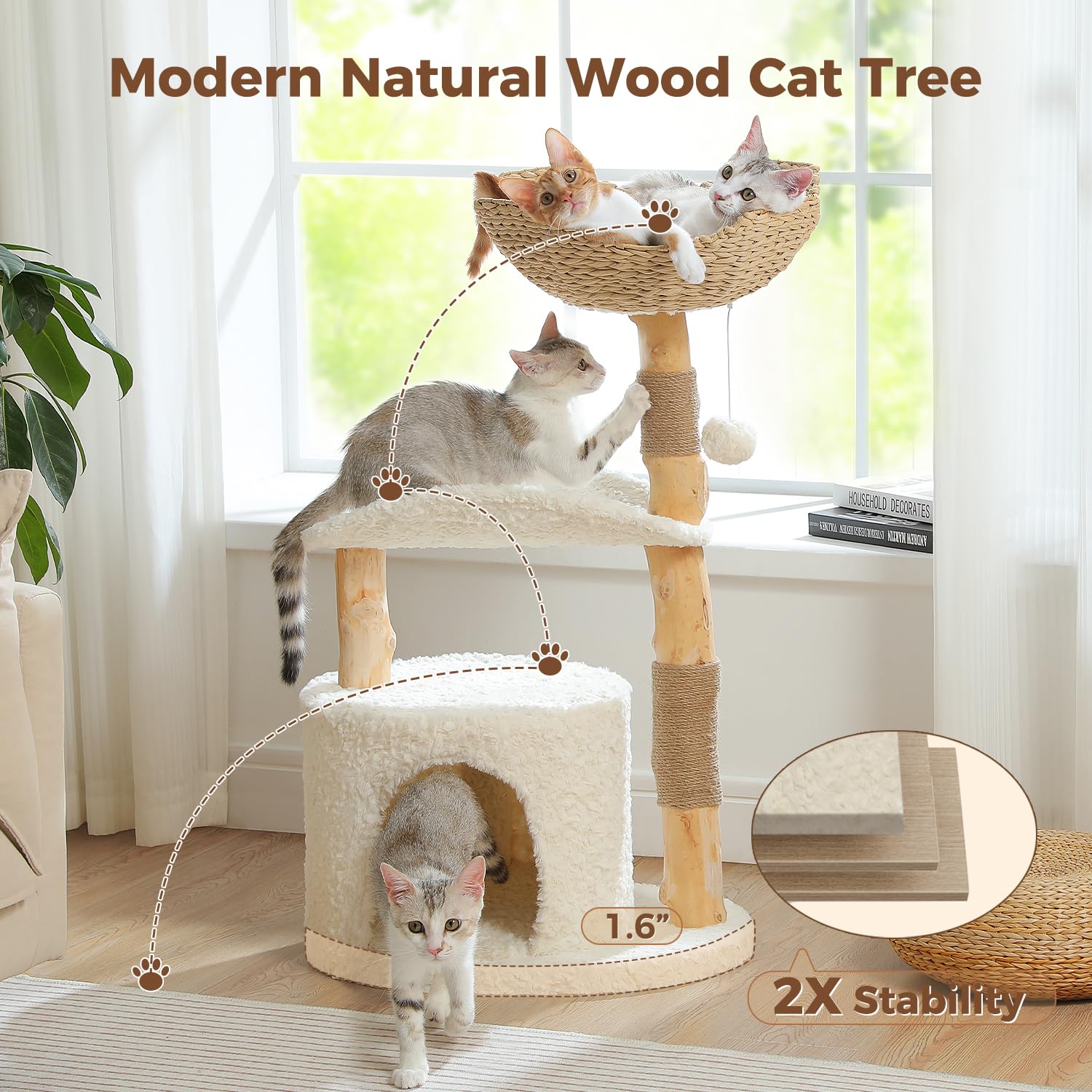 Pawz Road Cat Tree For Indoor Cats Large Adults,38 Inches Modern Cat Tree Tower With Spacious Wicker Basket,Natural Solid Wood S