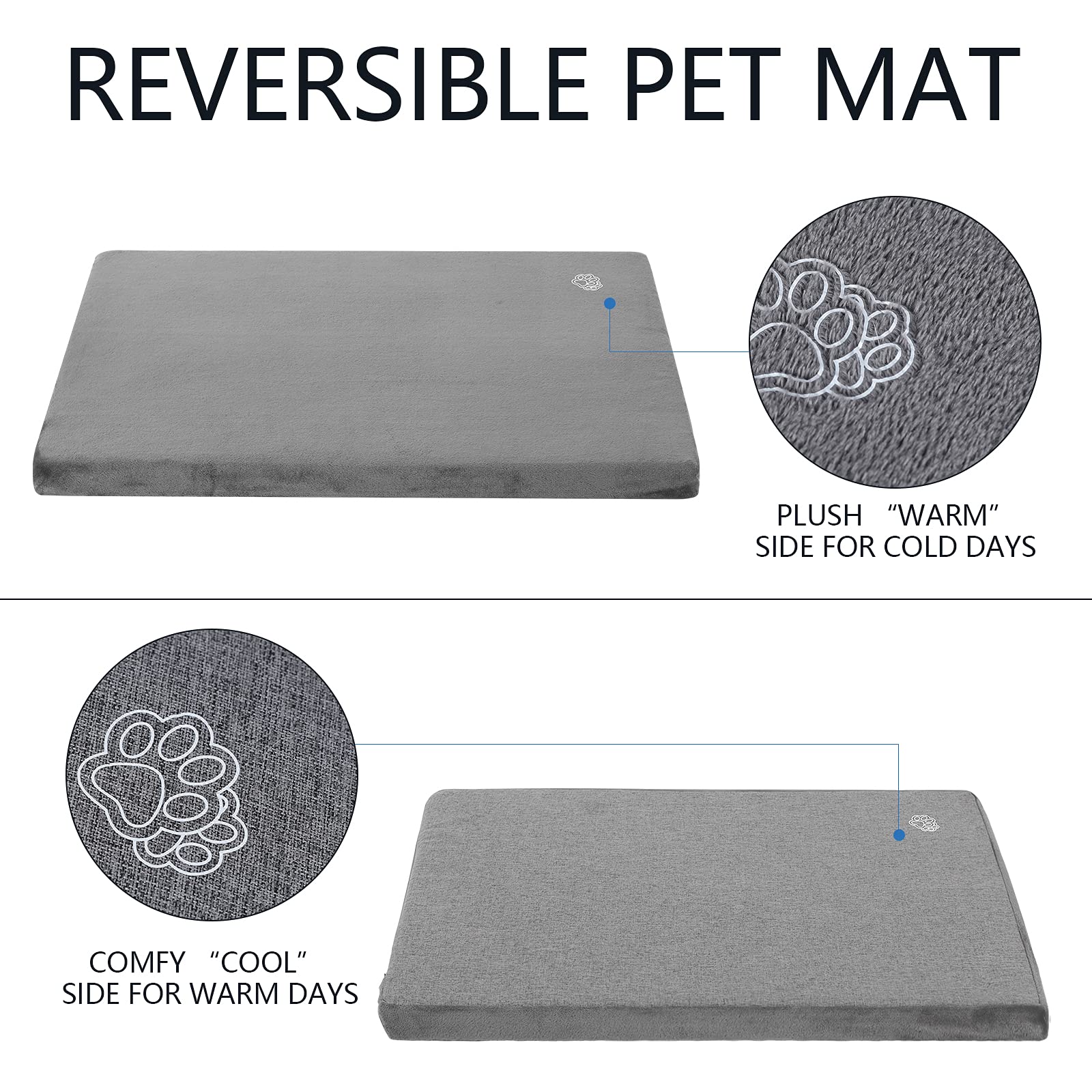 Empsign Stylish Dog Bed Mat Dog Crate Pad Mattress Reversible (Cool & Warm), Water Proof Linings, Removable Machine Washable Cover, Firm Support Pet Crate Bed For Small To Xx-Large Dogs, Grey