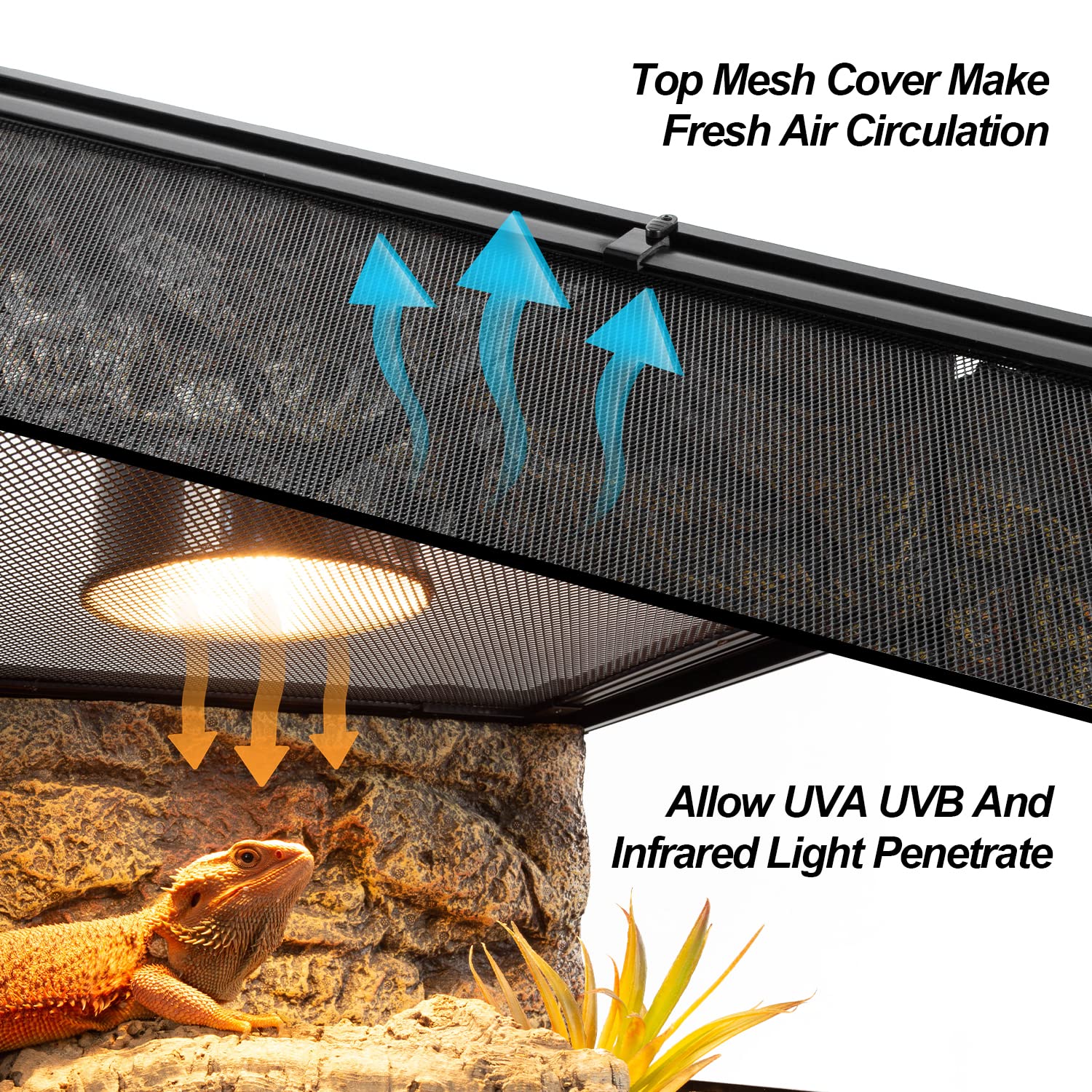 WACOOL TERRA 45 Gallon Reptile Tank - 360° Glass Terrarium with Mesh Lid for Tortoise & Snake - Black/Clear, Model RK0221