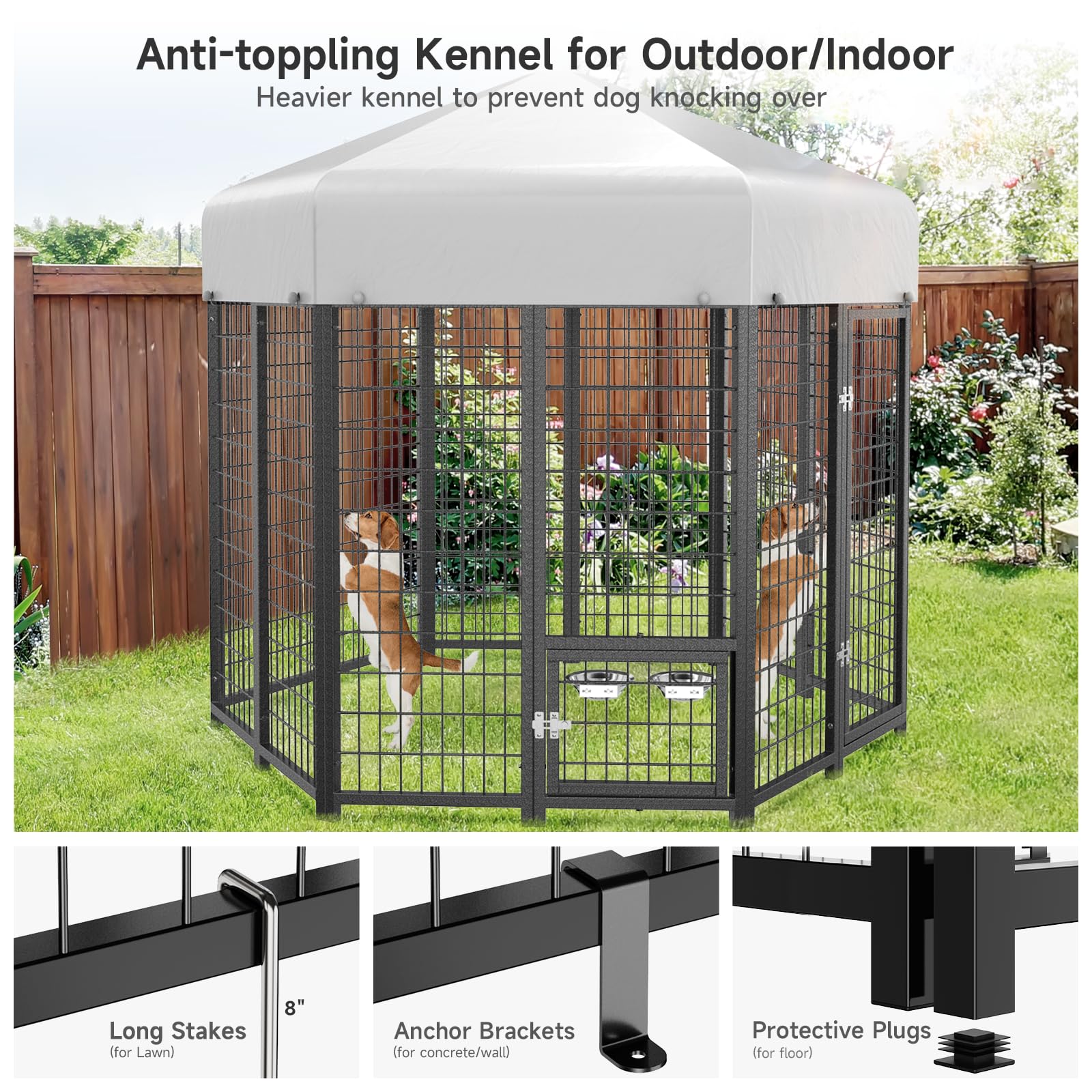 Guiferland Round-Like Dog Kennel Pen Outside Outdoor Dog Run With Roof, Swivel Feeders/Doggy Door Allow Connecting Dog House- Pe