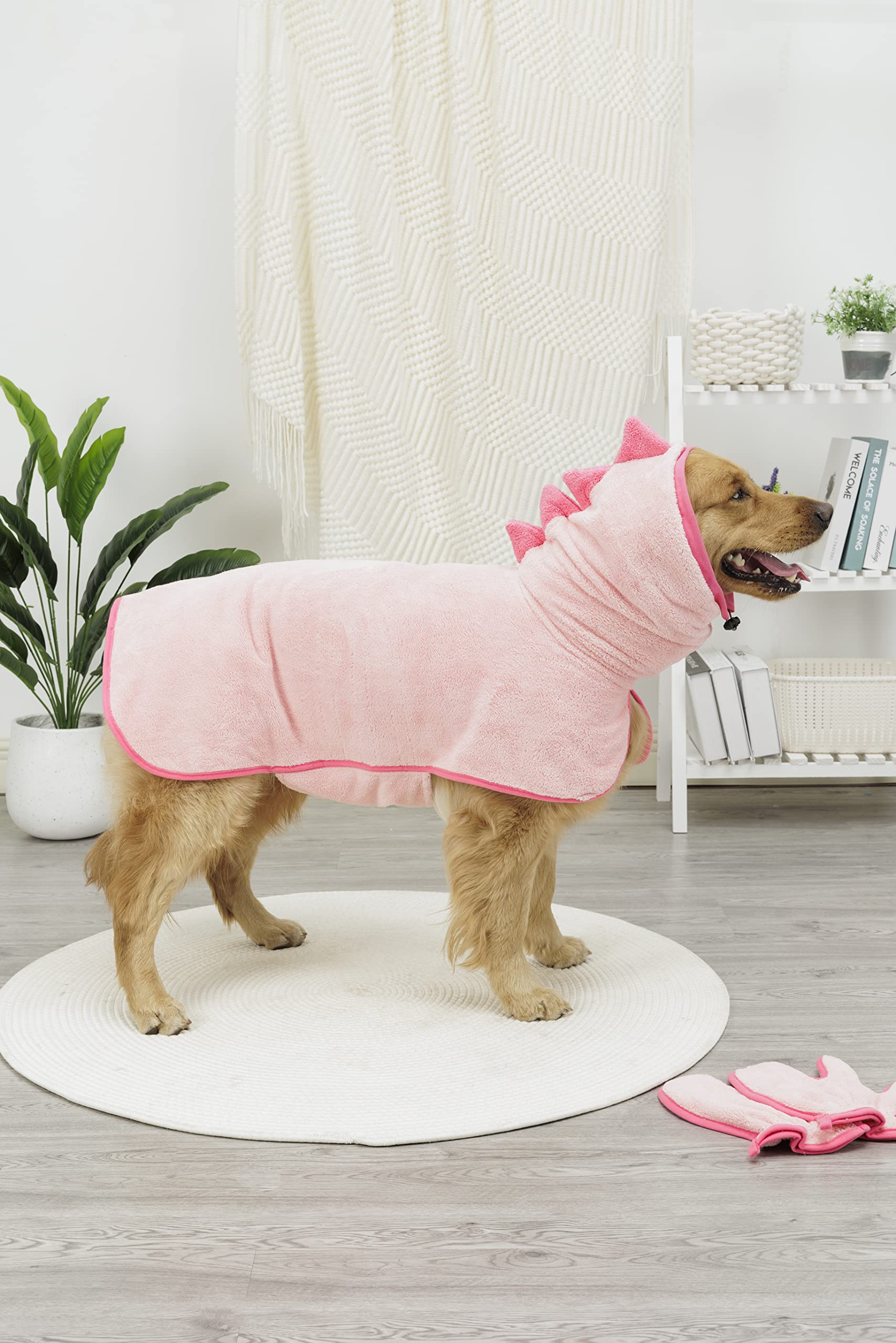 Pawyee Super Soft Fast-Drying Dog Towel Microfiber Bath Robe Design For Cats And Dogs (Medium, Pink Dino)
