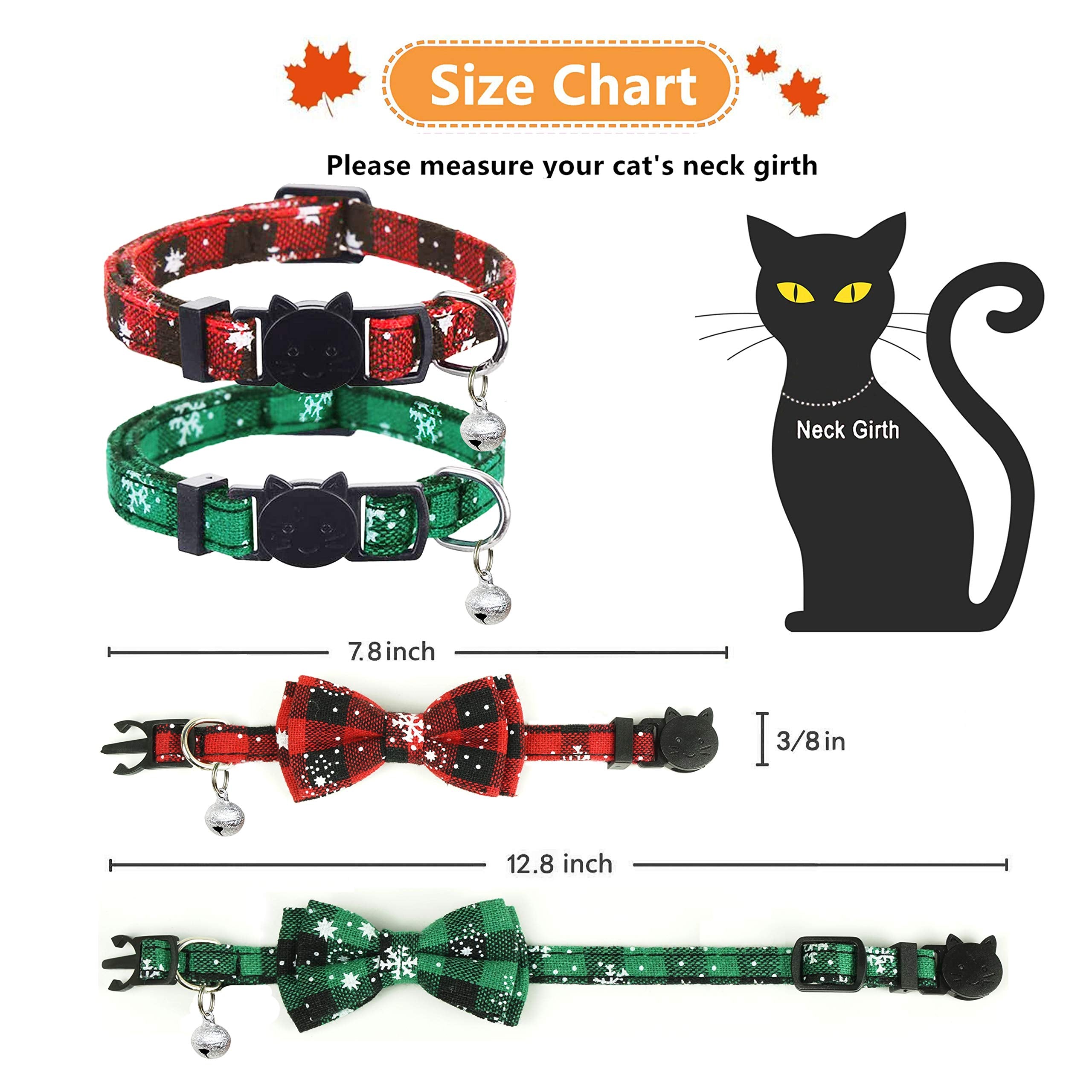 Pohshido 2 Pack Christmas Cat Collar With Movable Bowtie, Holiday Cat Bowtie Plaid Patterns, Breakaway Buckle Safety Kitty Kitten Collar With Bell, Adjustable Pet Collar For Cats And Puppies