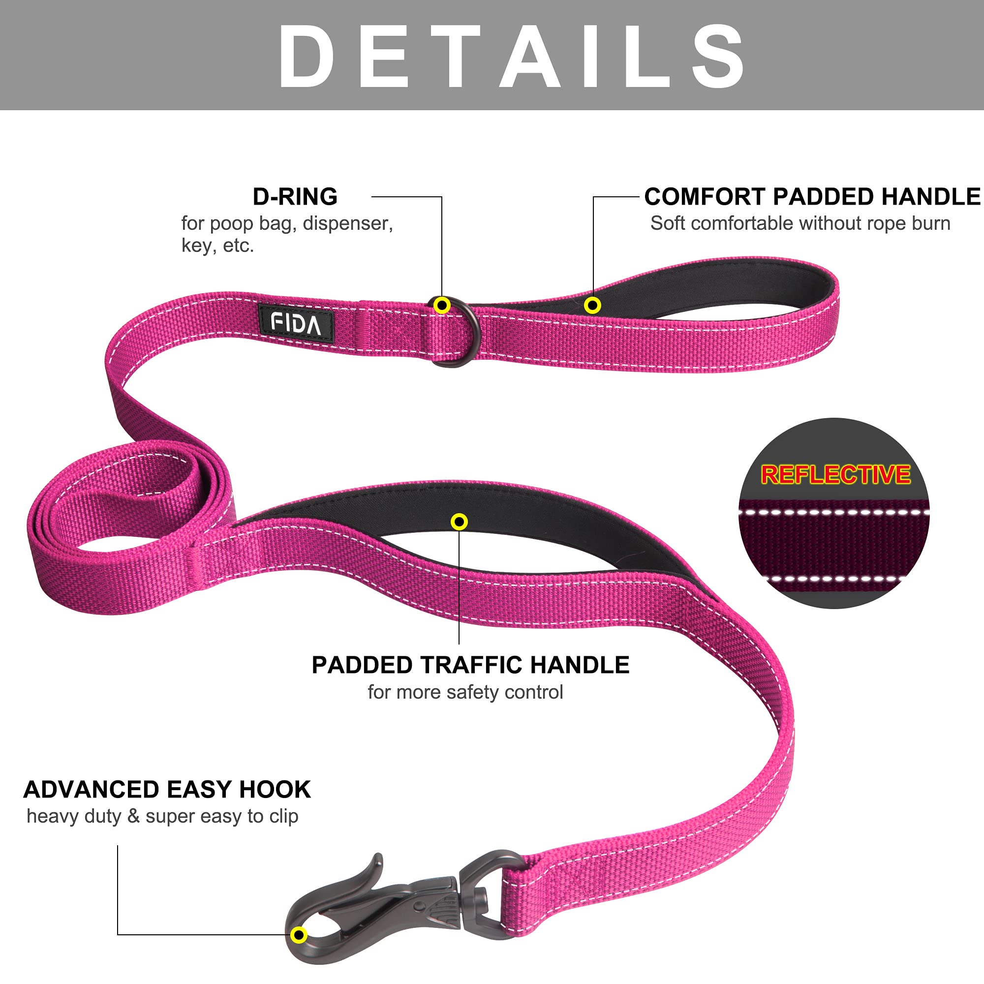 Fida 6 Ft Heavy Duty Dog Leash With 2 Comfortable Padded Handles, Traffic Handle & Advanced Easy Snap Hook, Reflective Walking Lead For Large, Medium & Small Breed Dogs, Rose