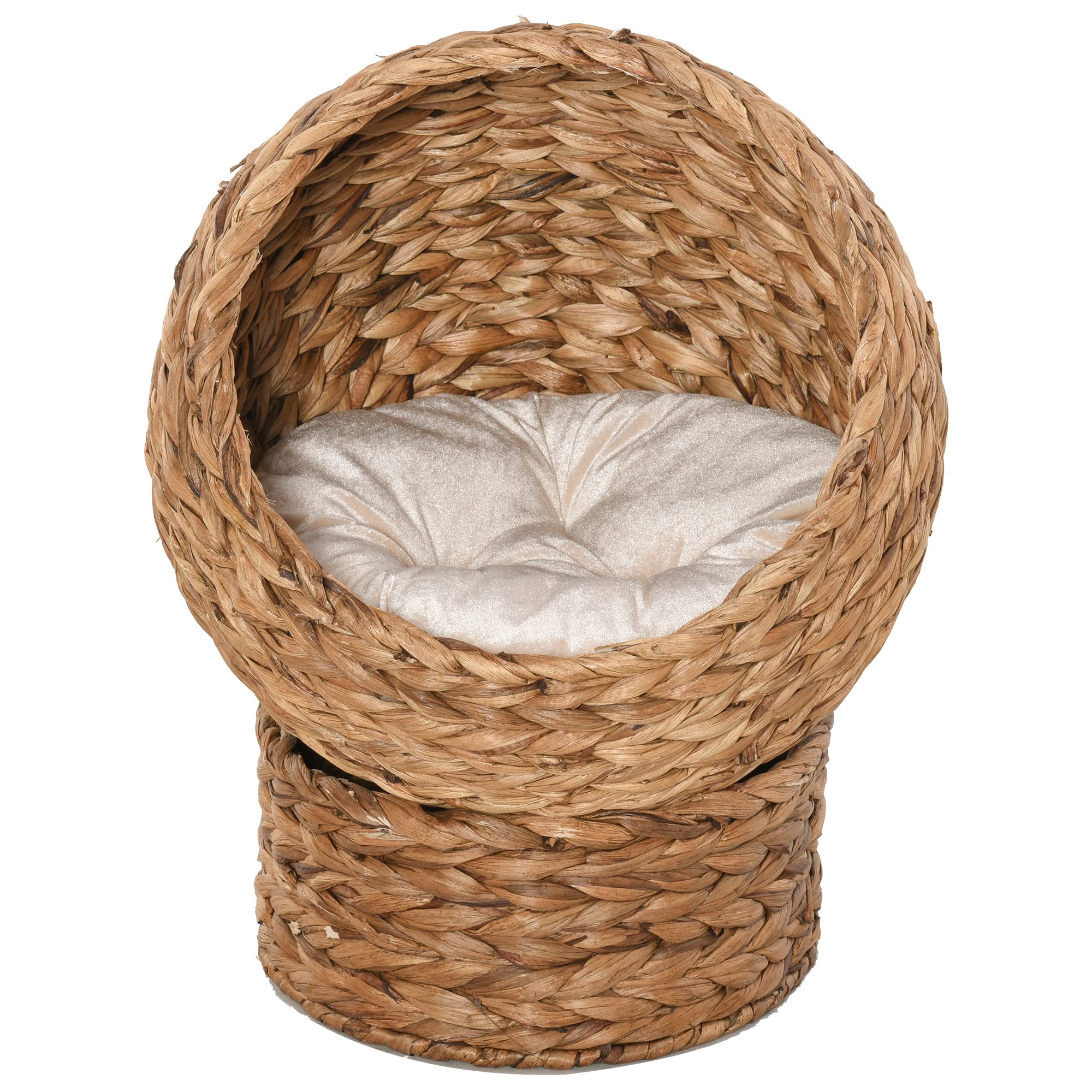 Pawhut Woven Banana Leaf Elevated Cat Bed House Basket Soft Cushion Dome Basket 50 X 42 X 60 Cm Brown