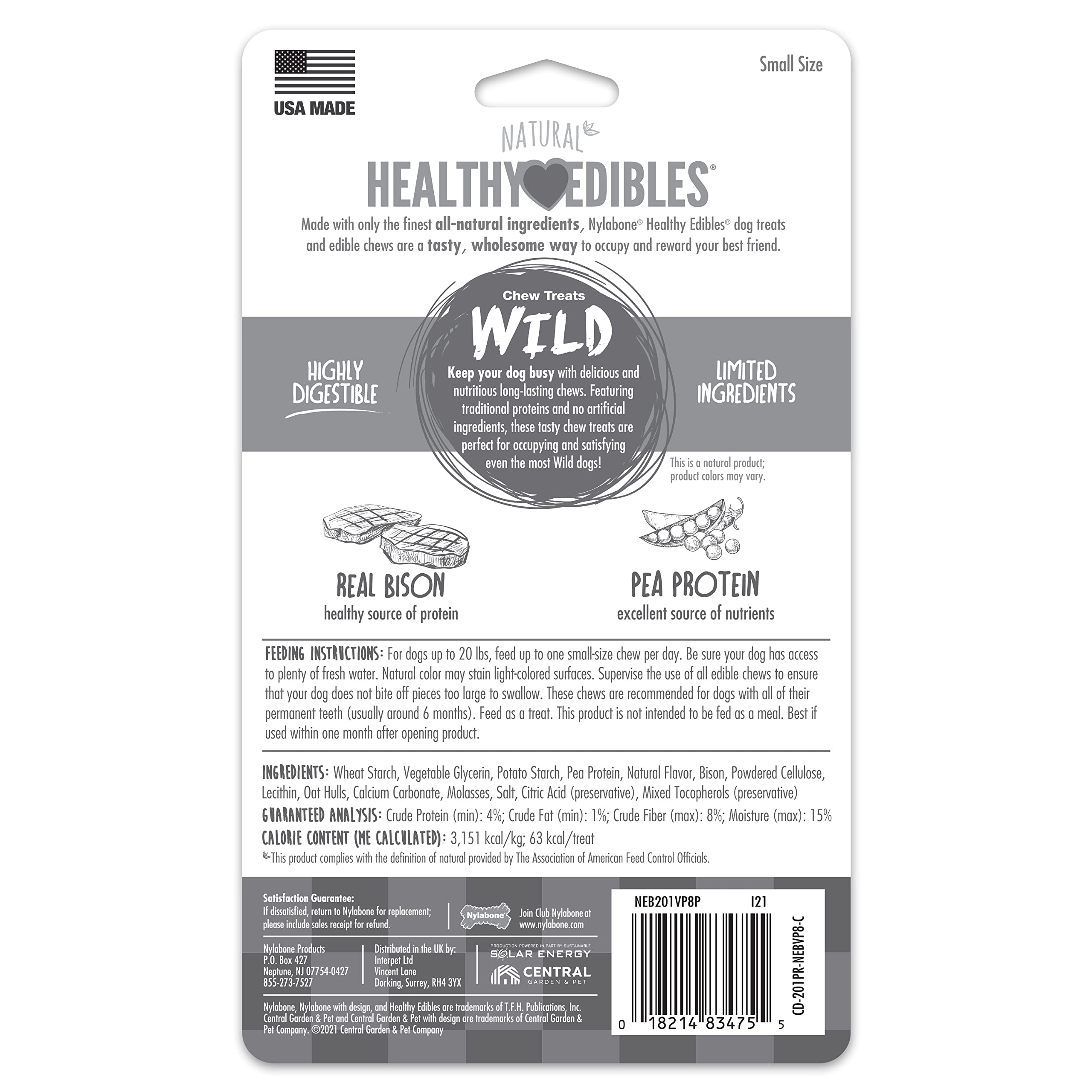 Nylabone Healthy Edibles WILD Natural Long-Lasting Bison Flavor Bone Chew Treats for Dogs, Small (8 Count)