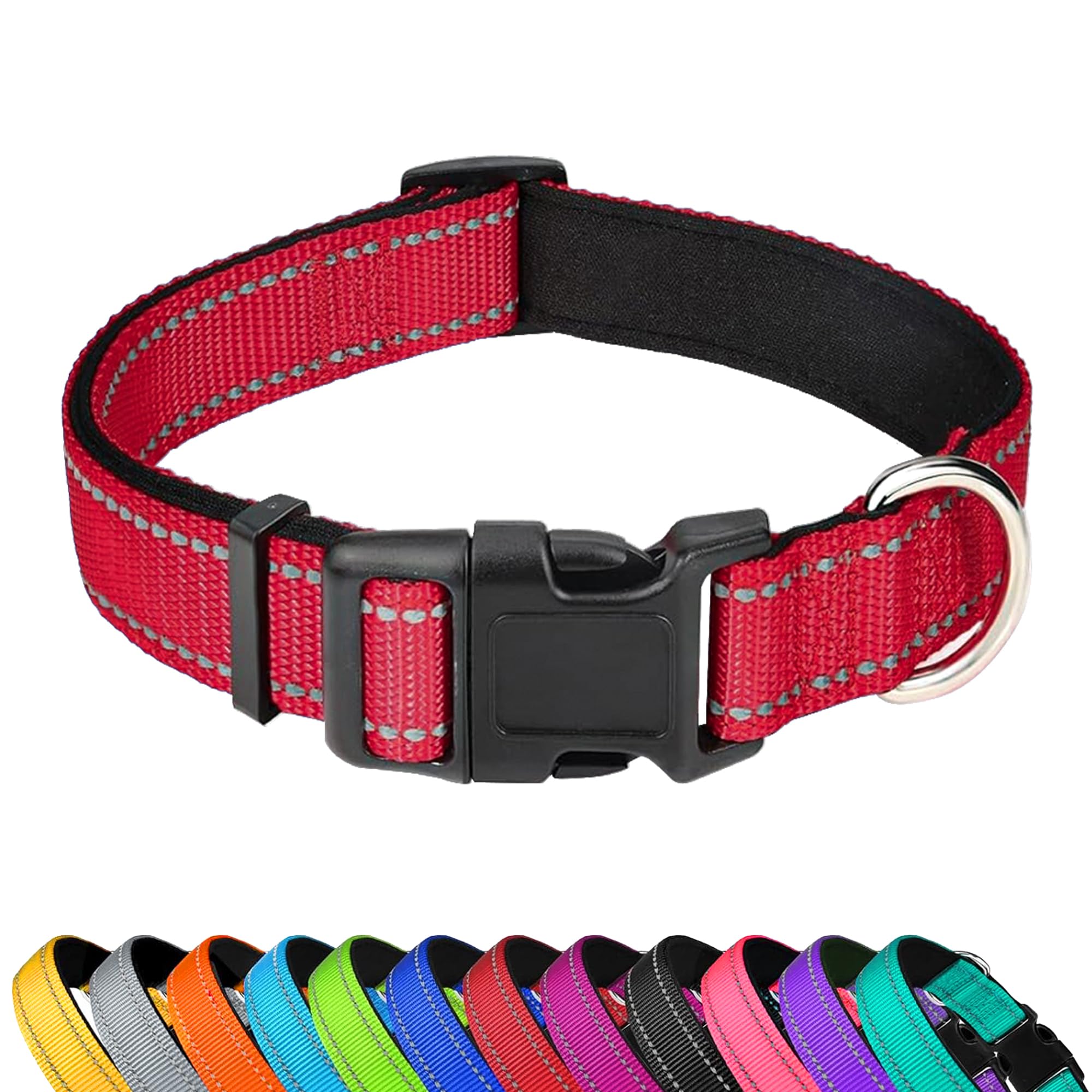 Pwod Reflective Dog Collar, Adjustable Soft Neoprene Padded Nylon Pet Collars With Buckle For Extra Large Dogs, Red,Xl