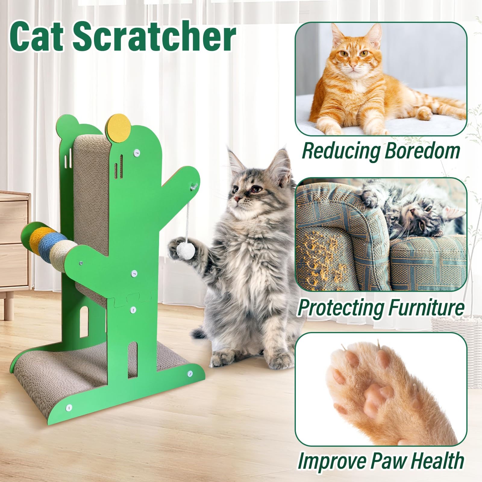 Canmailk Cat Scratcher, 23.6 Inch T Shaped Cat Scratching Board, Cat Scratch Pad With Ball Toys For Indoor Cats-Green