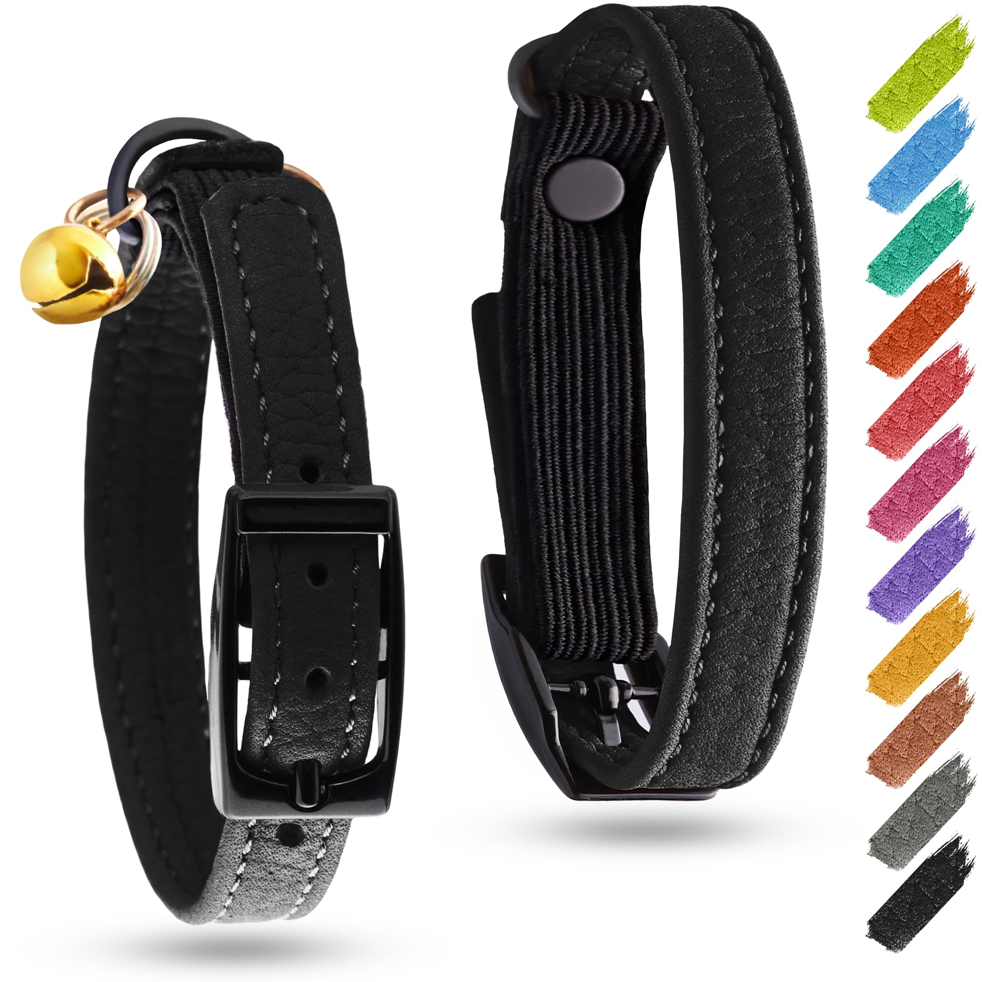 Black 6 - 8 Leather Cat Collar With Bell & Elastic Strap - Pet Collar Leather - Leather Kitten Collar - Cats Small And Big C