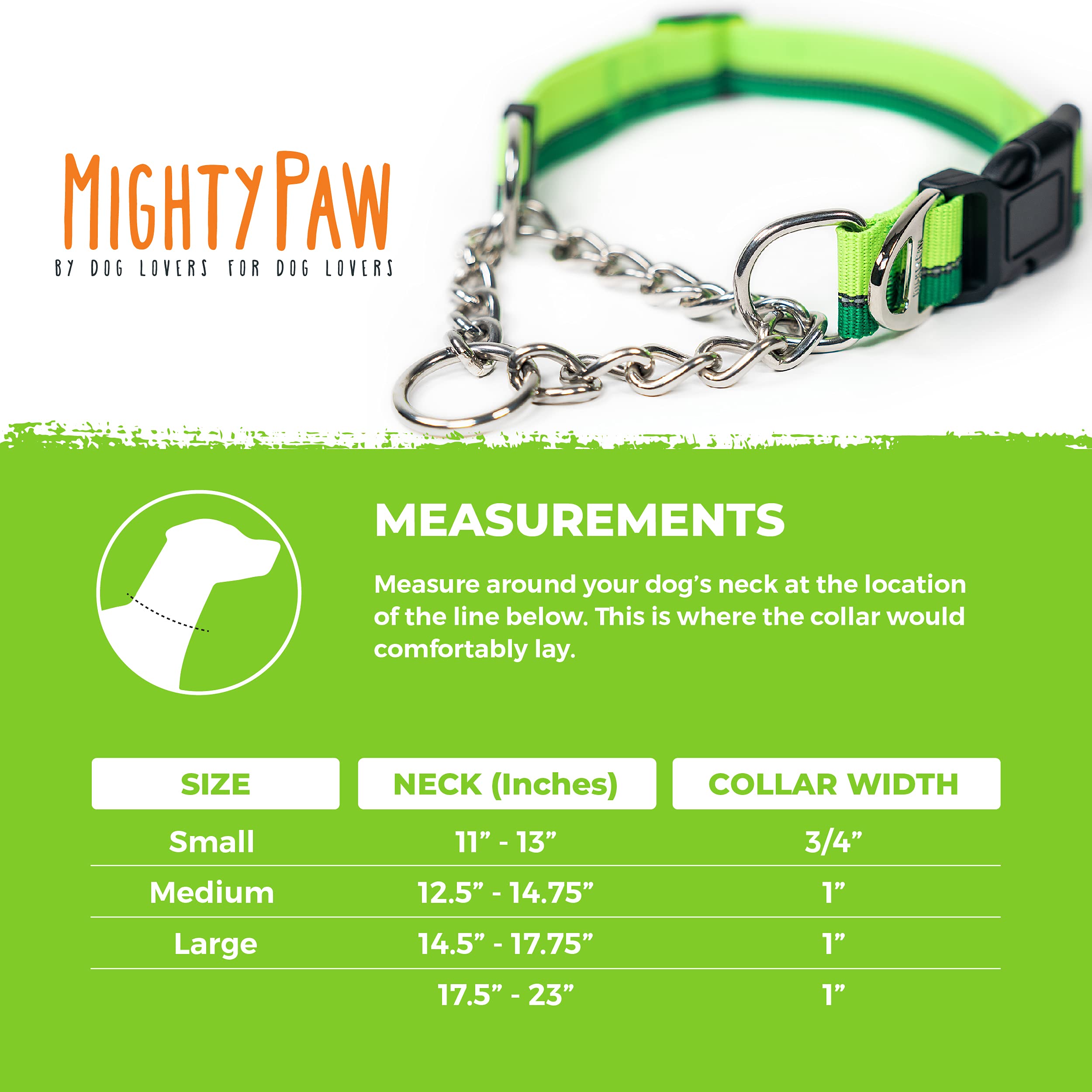 Mighty Paw Martingale Dog Collar - Gentle Correction With No More Pulling - Strong 100% Stainless Steel Chain - Weatherproof Won