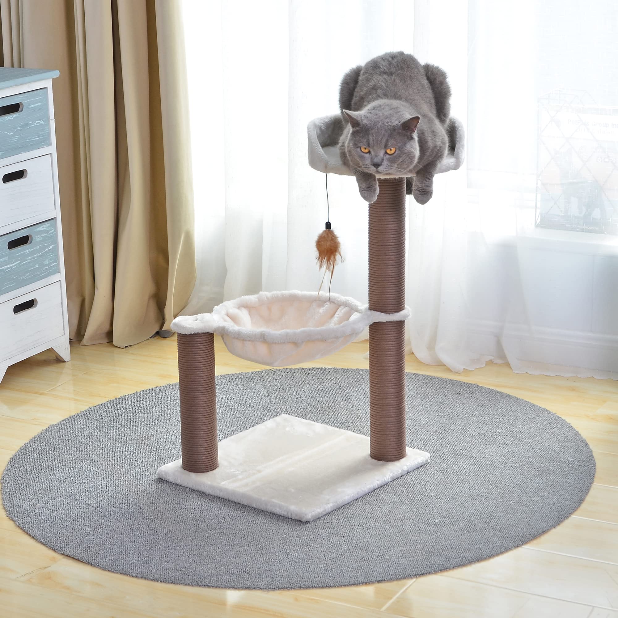 Catry Cat Tree With Feather Toy - Cozy Design Of Cat Hammock Allure Kitten To Lounge In, Cats Love To Lazily Recline While Playing With Feather Toy And Scratching Post, (Innovative Arrival)